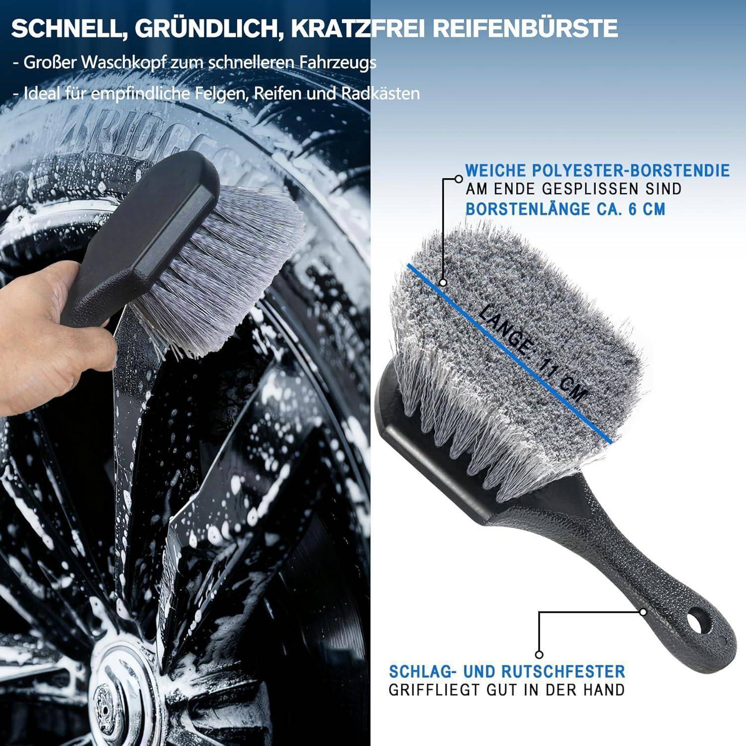 Felgenreinigungsset 6-teilig mit Mikrofaserbürste, Reifenbürste, Pinsel, Schwamm, Tuch
