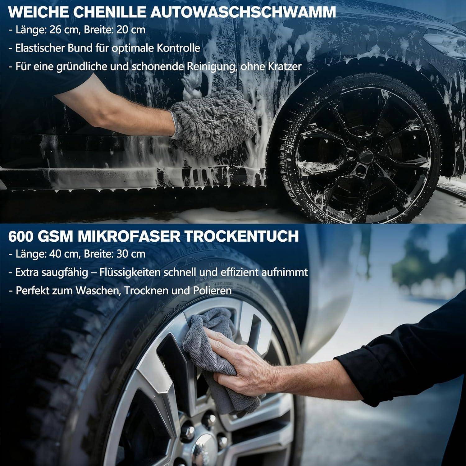 Gespaltenes Werbebild mit einem Chenille-Autowäsche-Handschuh für sanfte Reinigung und einem 600 GSM Microfaser-Trockentuch zum Waschen, Trocknen und Polieren von Rädern.