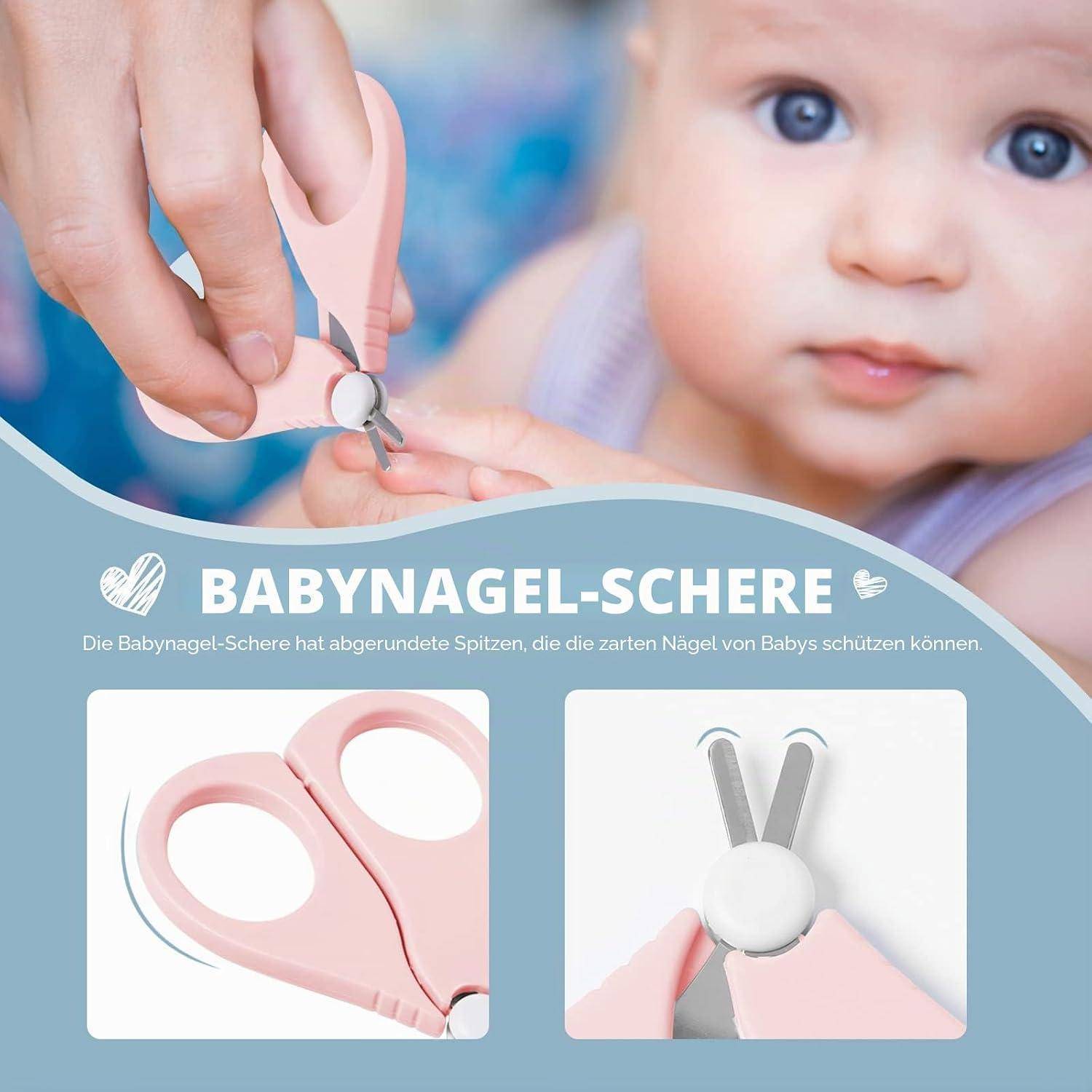 Anzeige für 'BABYNAGEL-SCHERE' Babynagelschere, zeigt eine Hand, die sicher einen Babynagel schneidet, und zwei Nahaufnahmen der Schere mit abgerundeten Spitzen.