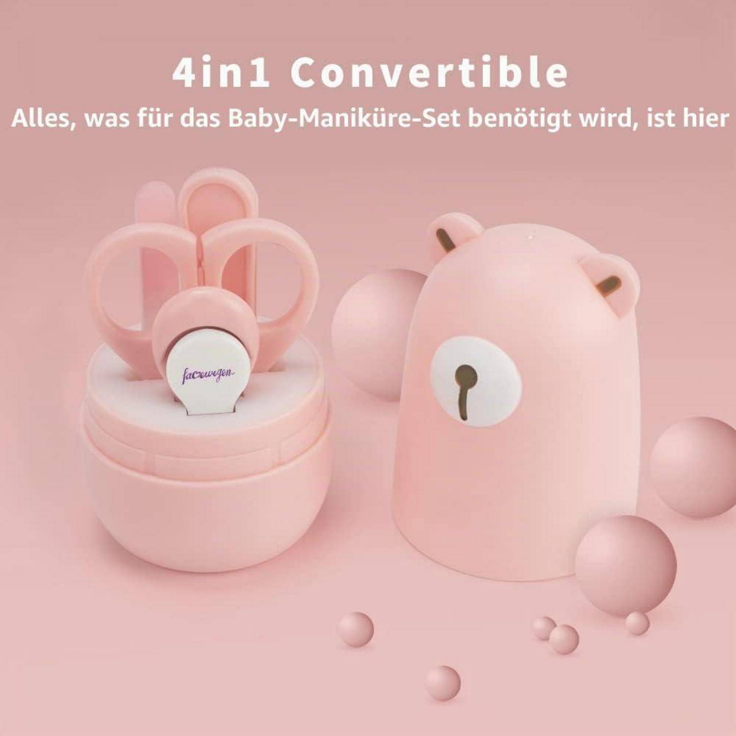 Rosa 4-in-1 Baby-Maniküre-Set, dargestellt als niedliches Bären-Themed-Kit mit Nagelwerkzeugen und Aufbewahrungsbox; Text liest "4in1 Convertible"" und deutsche Produktbeschreibung.