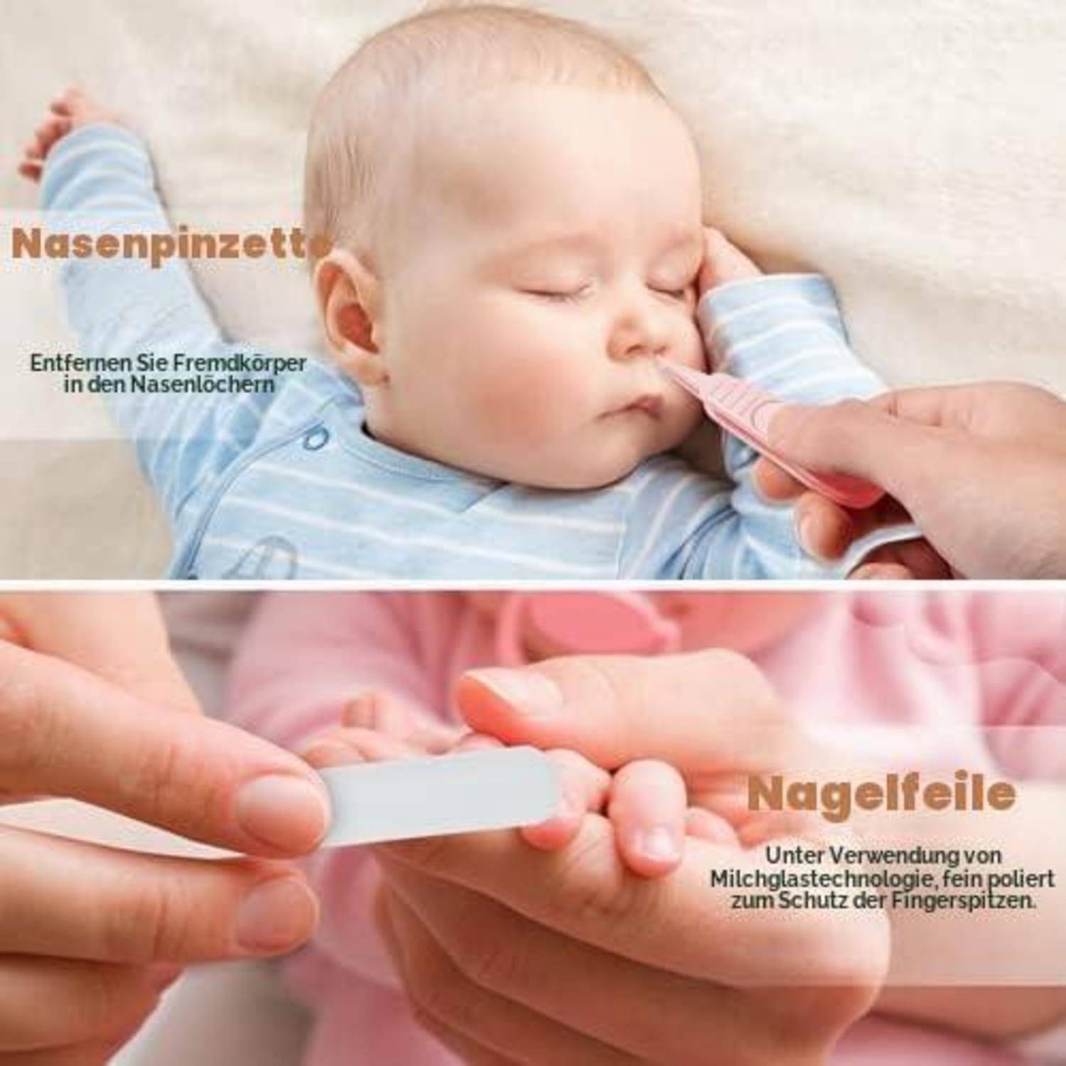 Gespaltenes Bild: Oben wird die Nase eines Babys mit einem Nasensauger gereinigt; unten werden die Fingernägel eines Babys mit einer Nagelfeile bearbeitet.