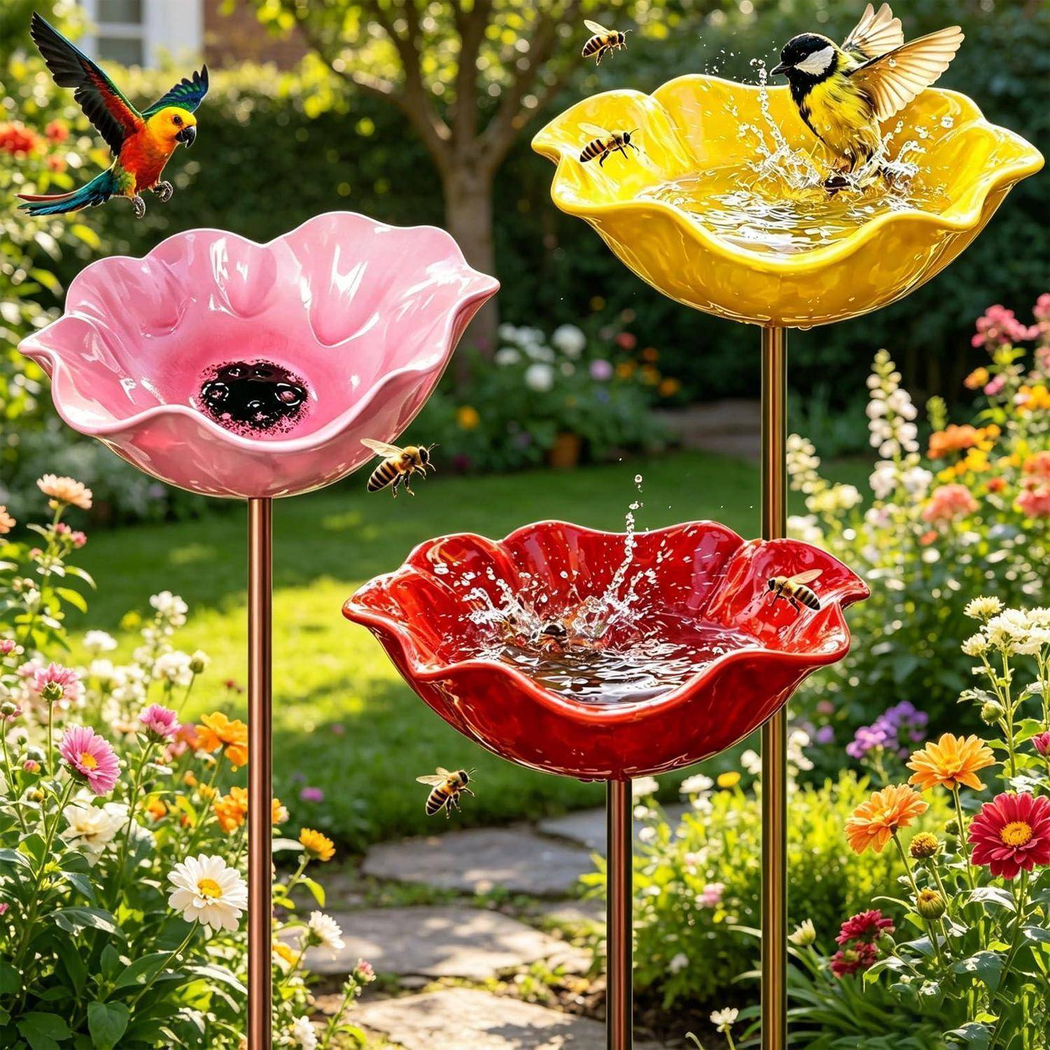 Farbenfrohe Gartenszene mit drei blütenförmigen Vogeltränken auf Metallständern – rosa, gelb und rot – umgeben von Blumen, mit Bienen und einem Kolibri in der Nähe.