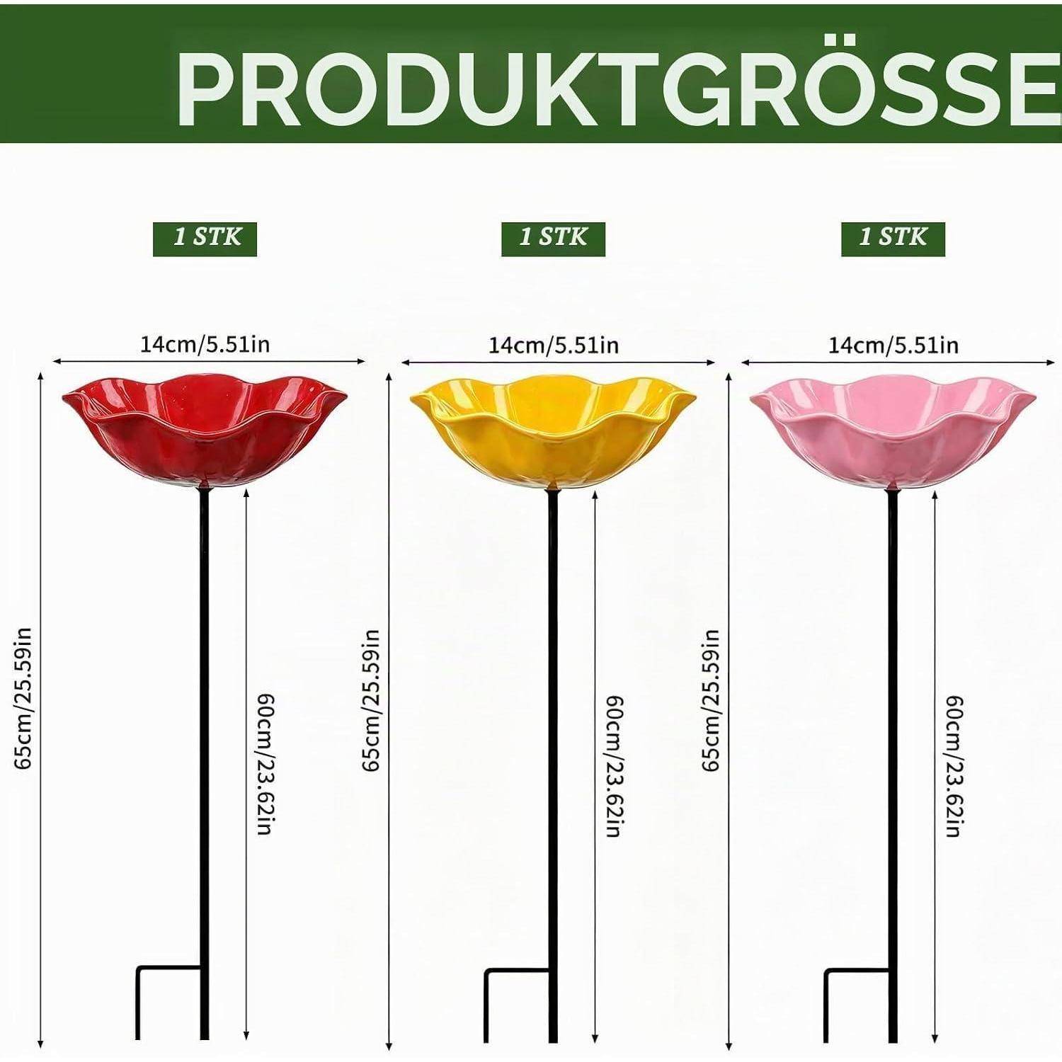 Größentabelle des Produkts mit drei freistehenden blumenförmigen Leuchten in Rot, Gelb und Rosa, jeweils 65 cm hoch mit 14 cm oberer Durchmesser; '1 STK' über jedem.