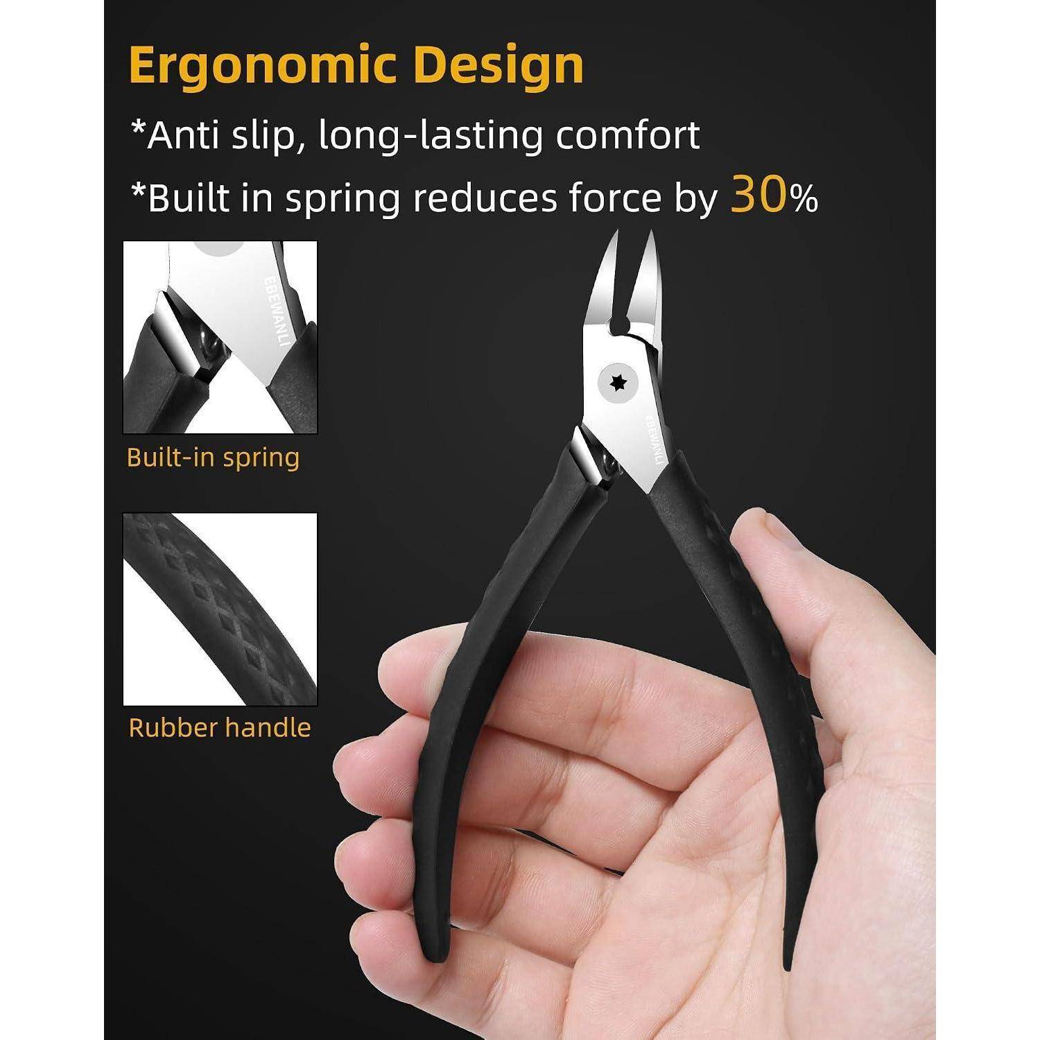 Ergonomische Zange mit eingebauter Feder und Gummigriffe für rutschfesten Komfort und 30% weniger Kraftaufwand.
