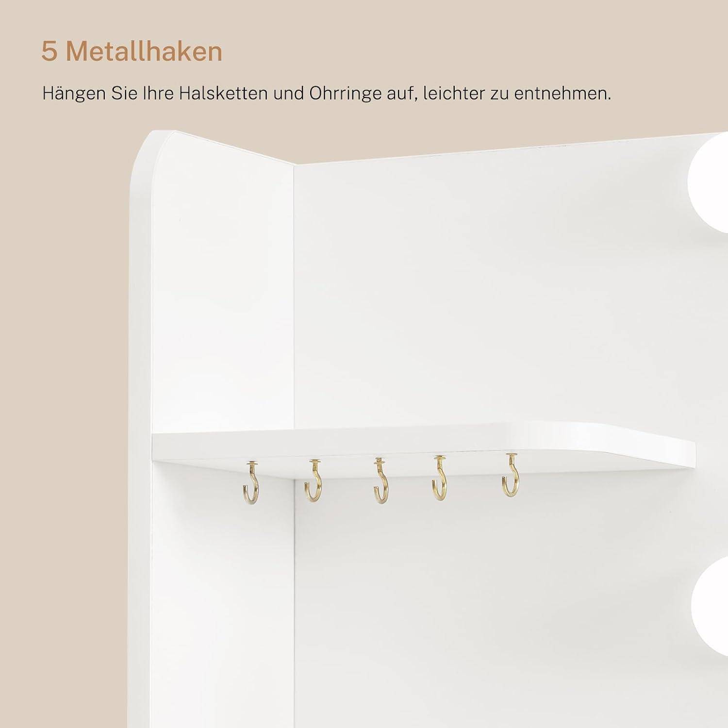 Weiße Schminkablage mit fünf Haken zum Aufhängen von Halsketten und Ohrringen; Text auf Deutsch liest „5 Metallhaken