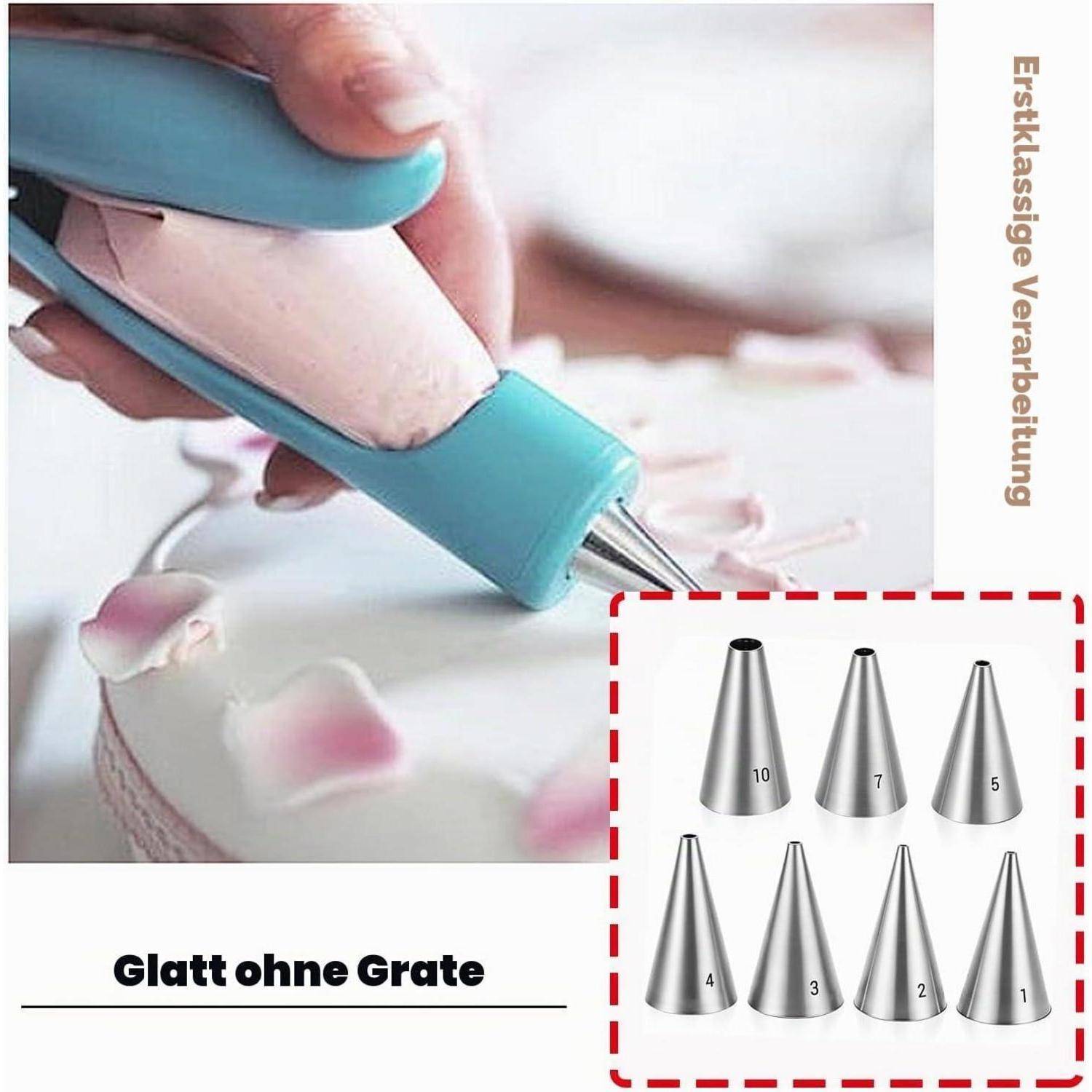 Das Aufspritzen von Zuckerguss auf einem Kuchen mit Handpresse, mit einer Detailansicht von sieben Metallspritztülen mit den Bezeichnungen 10, 7, 5, 4, 3, 2 und 1.