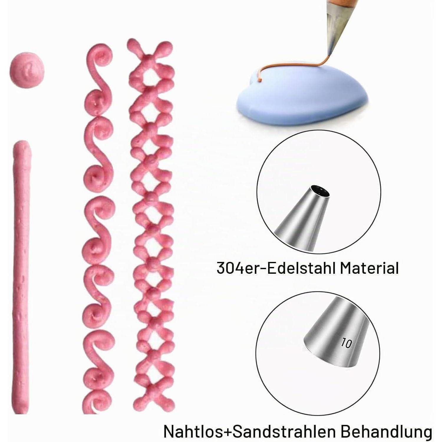Abbildung von rosa Spritztüllen und einem Silikonbeutel mit Metalldüse, gekennzeichnet mit „304er-Edelstahl Material
