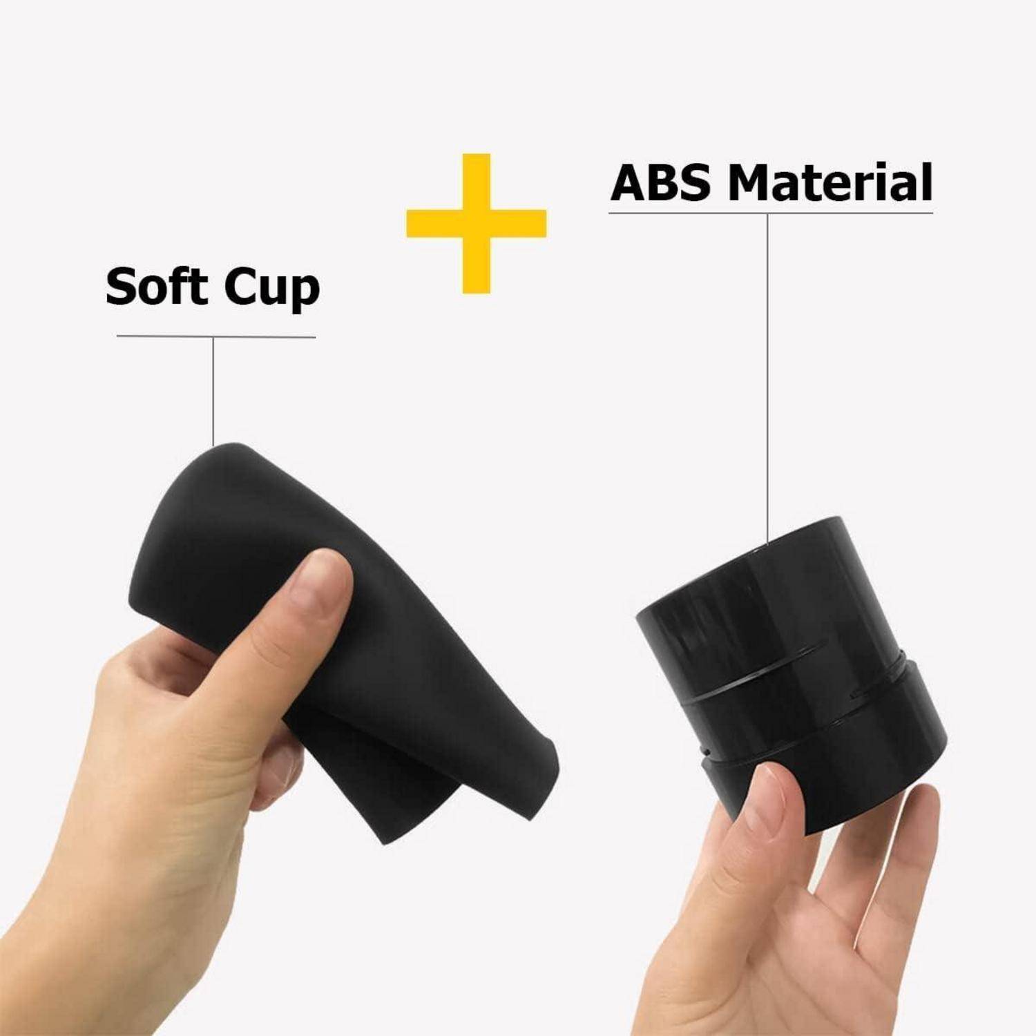 Hände vergleichen einen weichen Becher und einen starren ABS-Kunststoffbecher, die durch ein Pluszeichen getrennt sind, um ein zweiteiliges Produkt zu zeigen.