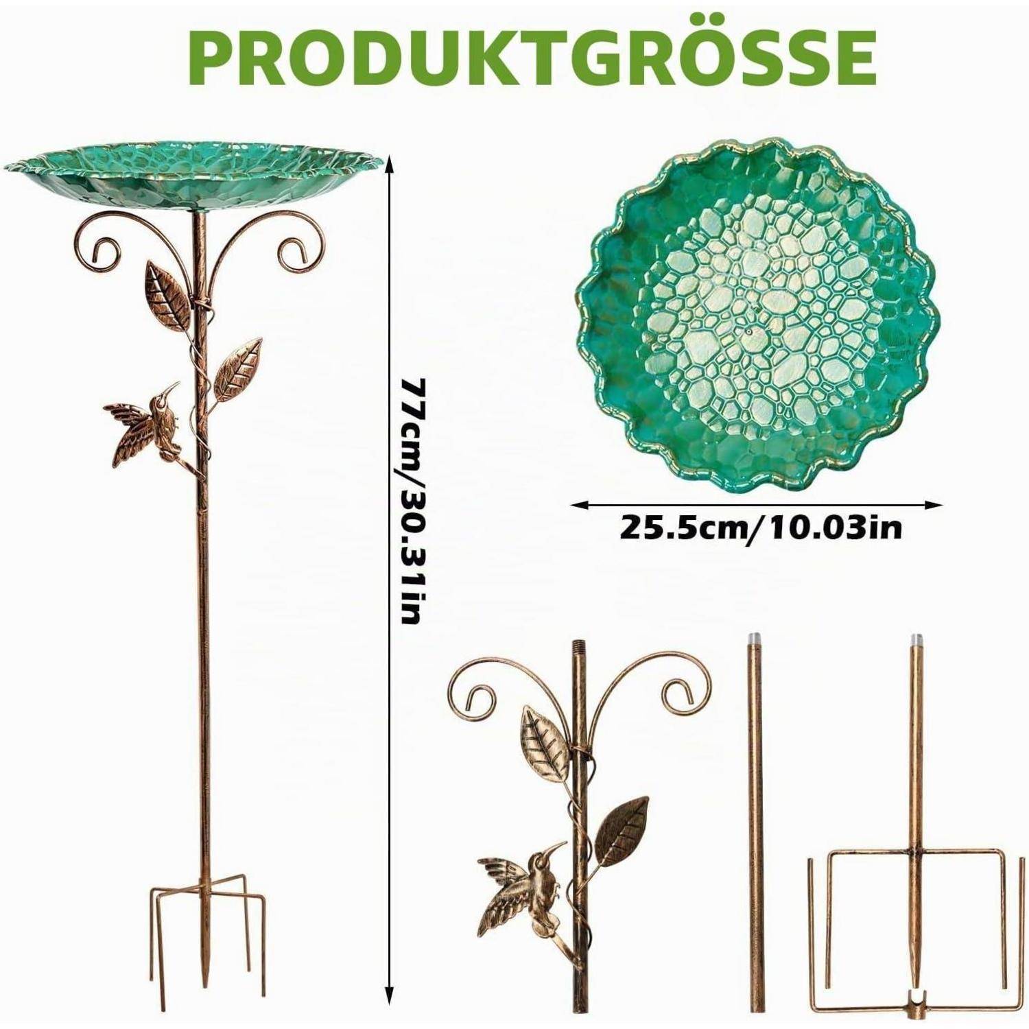 Produktgrößendiagramm für ein dekoratives Vogelbad oder Pflanzgefäßständer: Höhe 77 cm (30,31 Zoll), Schüsseldurchmesser 25,5 cm (10,03 Zoll), mit gezeigten Seiten- und Draufsichten.