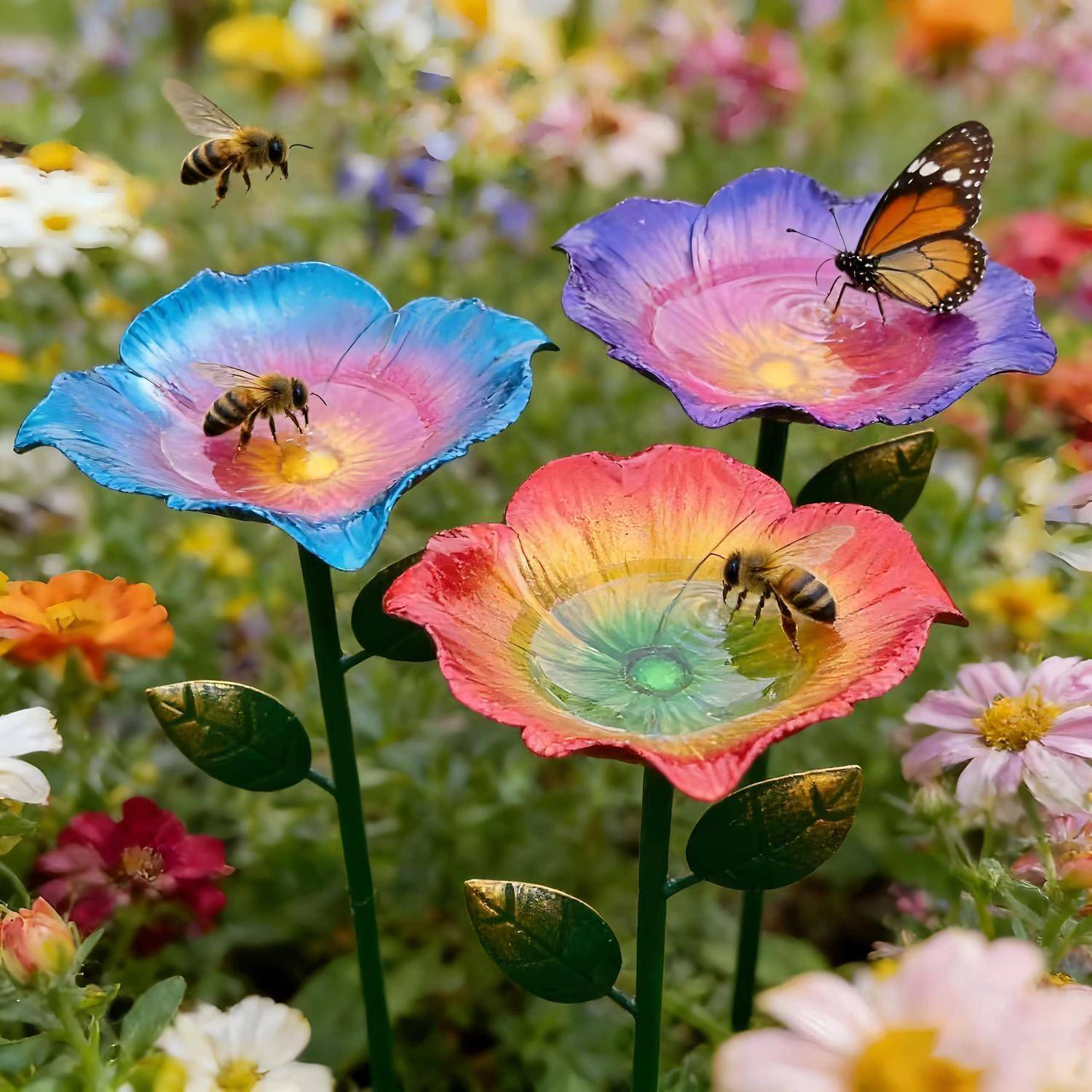 Drei bunte blumenförmige Vogelfutterhäuser locken zwei Bienen und einen Monarchfalter in einer Gartenumgebung an.