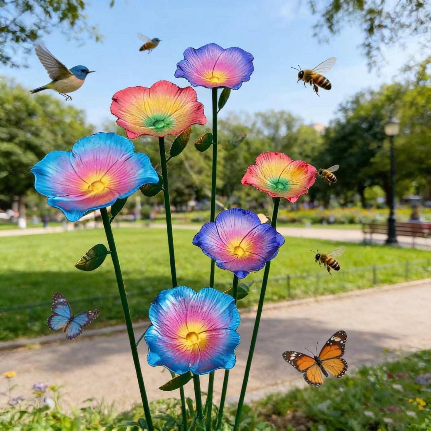 Bunte blumenförmige Gartenskulptur mit hohen Stängeln und Schmetterlingsdekorationen in einem Park, mit Vögeln und Bienen, die um sie herumschwirren.