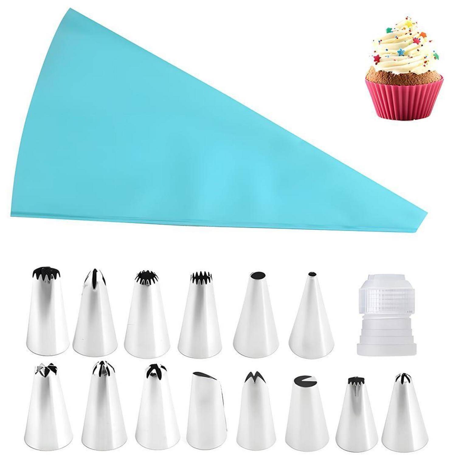 Spritzbeutel zum Verzieren von Kuchen mit sortierten Metallspritztüllen und Kupplung, plus ein Cupcake-Beispiel mit fertig gespritzte Glasur.