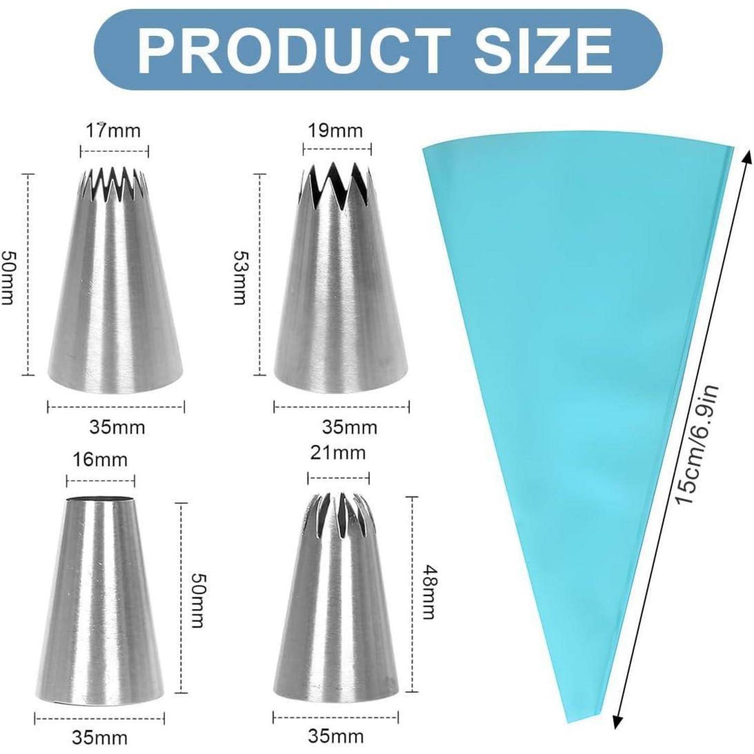 Größentabelle des Produkts mit vier Metallspritzdüsen und einer blauen Einweg-Spritzbeutel, mit Abmessungen in Millimetern gekennzeichnet und die Beutellänge mit 15 cm (6,1 Zoll) markiert.