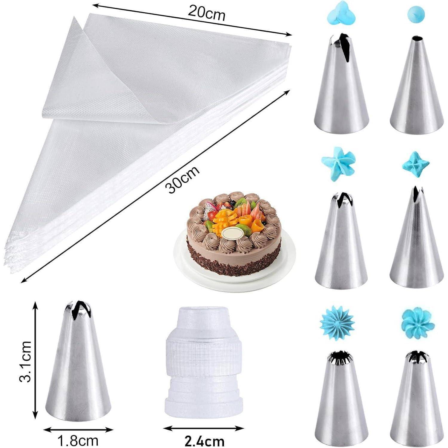 Spritzbeutel-Set mit 30 x 20 cm Einwegbeuteln, 3,1 cm Metallspitzen, Kupplungen und Beispielen für dekorative Tortenglasur-Muster.