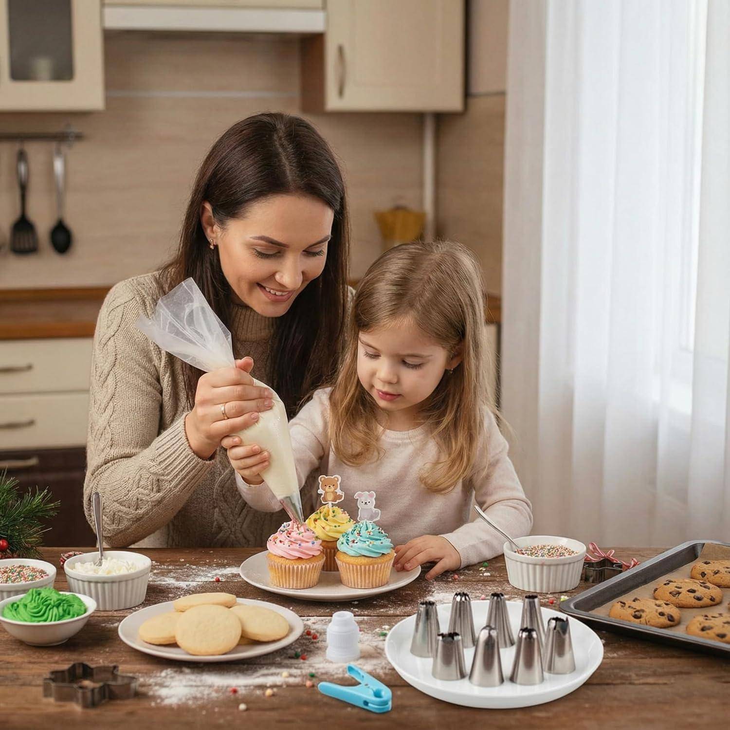 Frau und junges Mädchen dekorieren zusammen Cupcakes an einem Küchentisch mit Frosting, Streuseln und gebackenen Keksen.