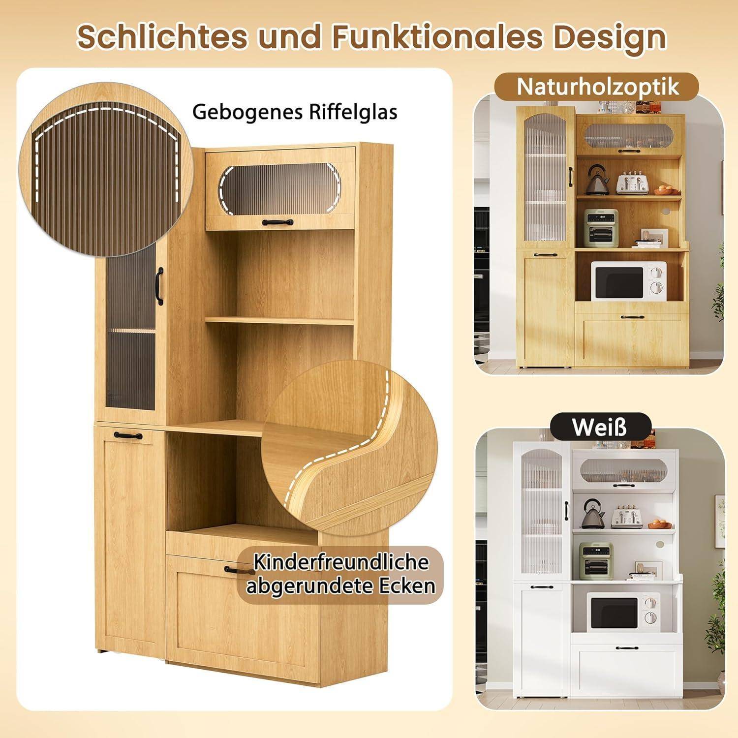 Möbelausstellung mit kinderfreundlichem Holzschrank mit gewölbtem Glas und abgerundeten Ecken, erhältlich in Naturholz- und Weiß-Finish-Optionen; Deutsche Etiketten heben das einfache, funktionale Design hervor.