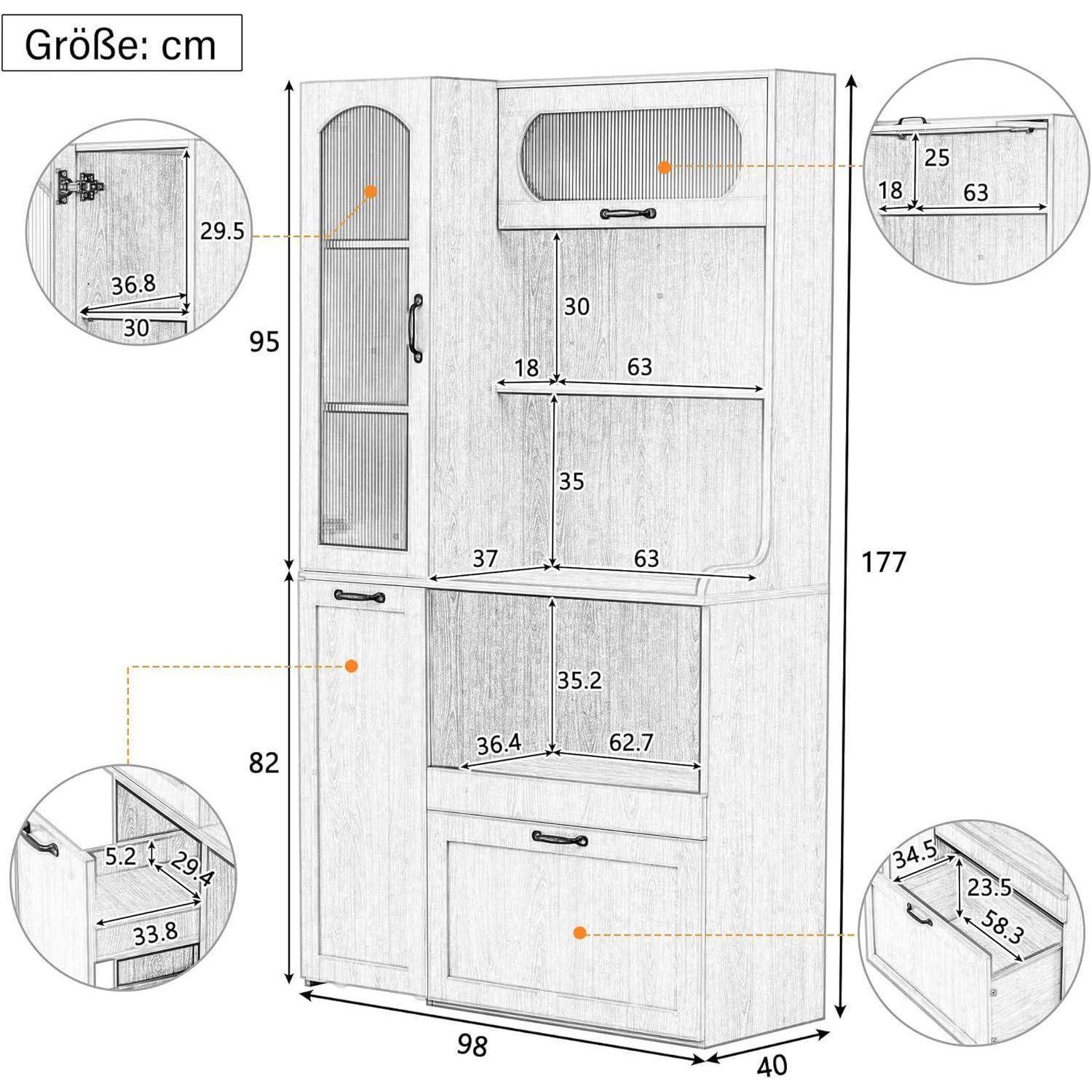 Beschriftetes Dimensionsdiagramm eines Schranks mit Größenangaben in cm: 98 cm breit, 40 cm tief, 177 cm hoch, mit gekennzeichneten Fach- und Türmessungen.