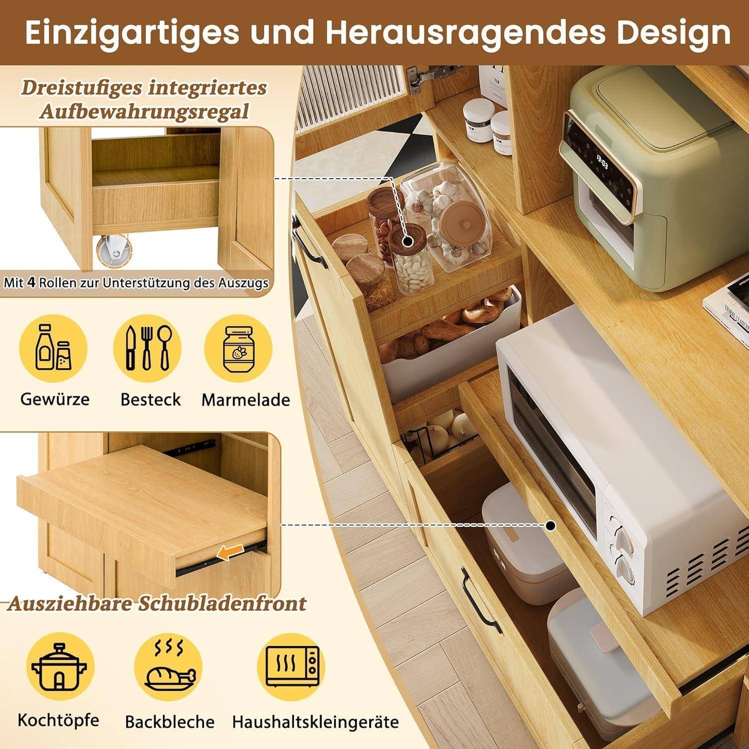 Werbebild eines Küchenschranks mit ausziehbaren Lagerschubladen und einem vorne öffnenden Regal; deutsche Beschriftungen heben die integrierte Speicherung für Gewürze, Utensilien, Marmelade, Töpfe, Backbleche und kleine Haushaltsgeräte hervor.