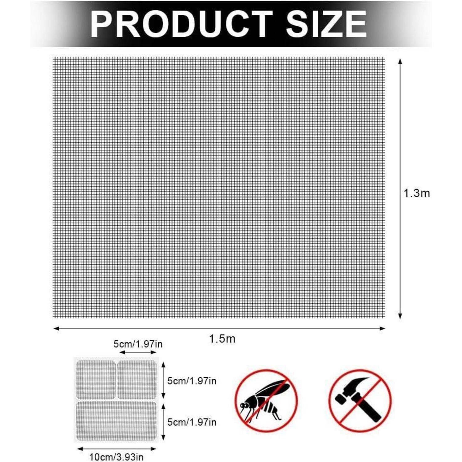 Produktgrößendiagramm mit einem 1,5 m × 1,3 m großen Maschengewebe, drei 5 cm quadratischen Flickenstücken und ohne Insekten oder Hammereinsatz erlaubt.