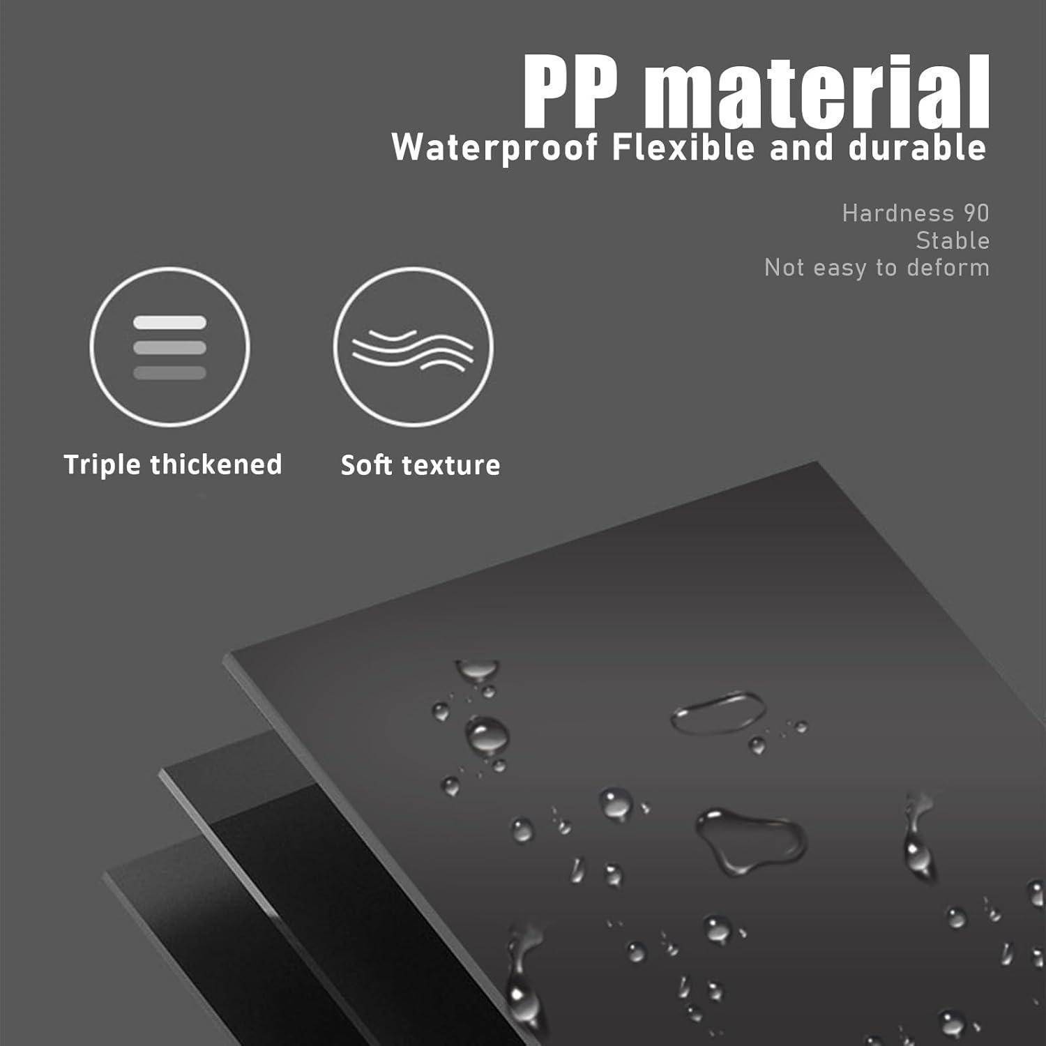 PP-Materialblatt dargestellt als wasserdicht, flexibel und langlebig, mit Symbolen für dreifache Verstärkung und weiches Material; Wassertropfen perlen auf der dunklen Oberfläche ab.