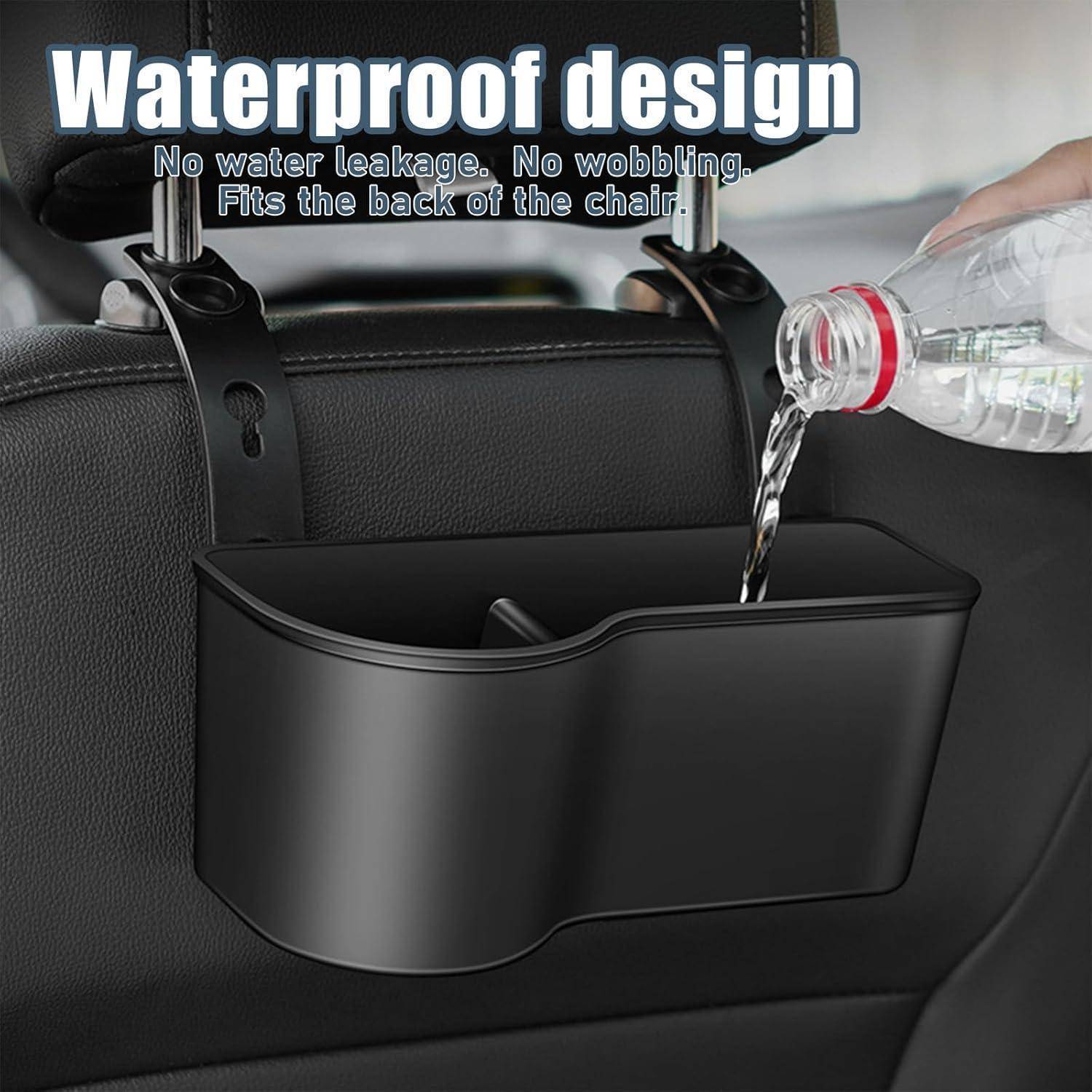 Schwarzer wasserdichter Autositzlehnen-Organizer mit einer Flasche, die hineinausgießt; Text sagt „Wasserdichtes Design
