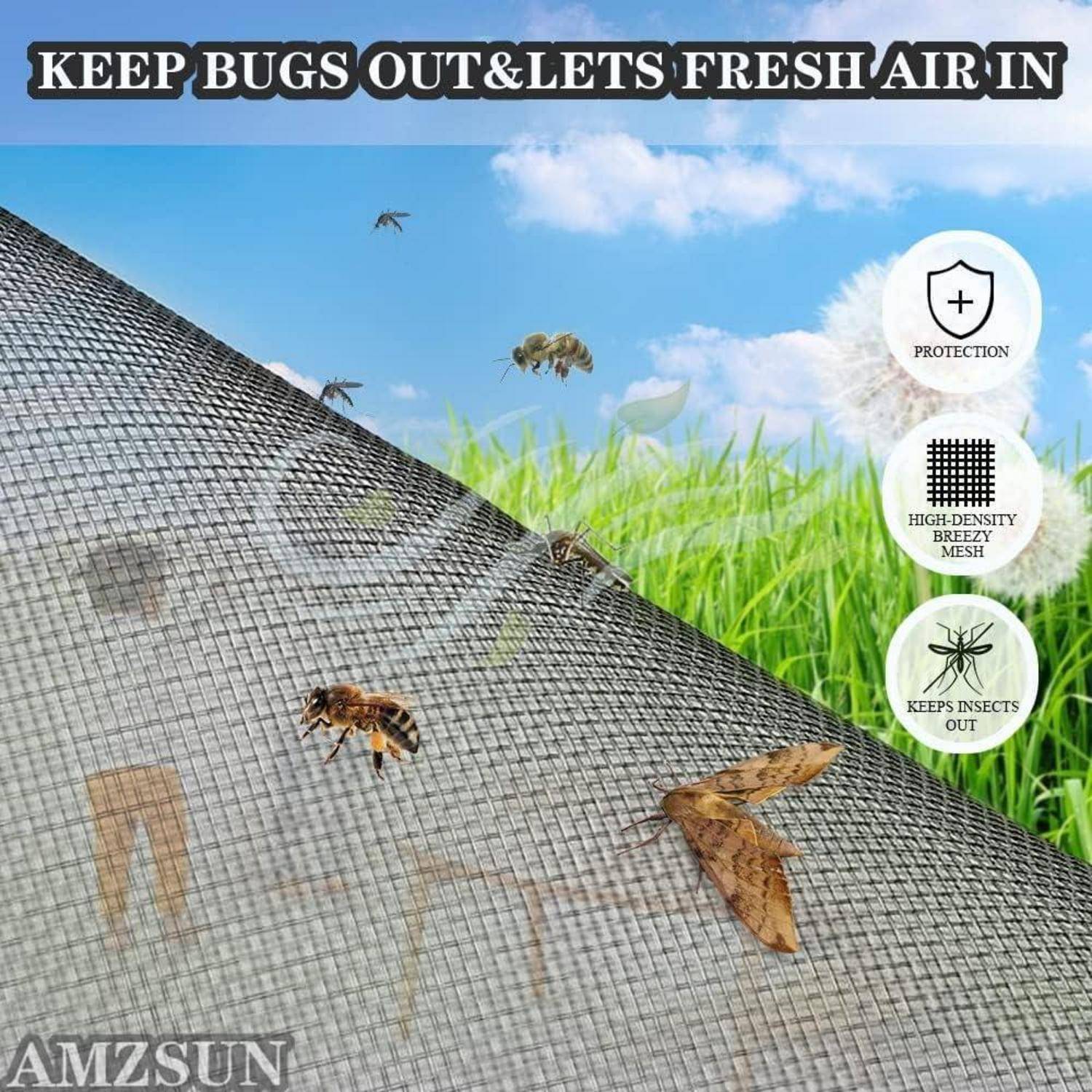 Anzeige für AMZSUN hochdichtes luftiges Netzgewebe, das Insekten fernhält und gleichzeitig frische Luft hereinlässt; zeigt Insekten, die auf dem Netz gestoppt werden, mit Schutzikonen.