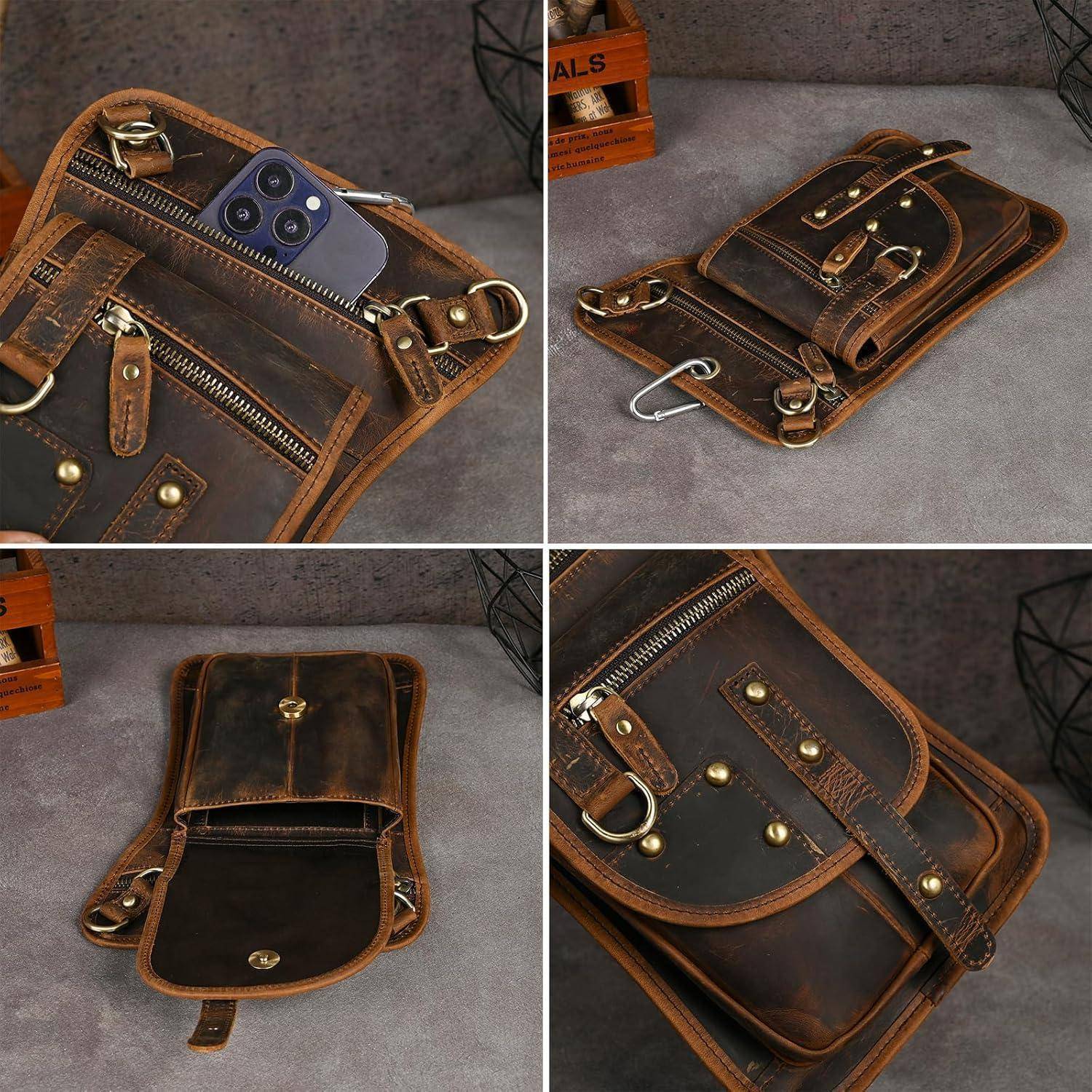 Braune Ledertasche zum Umhängen für Telefon mit Reißverschluss, Klappentaschen, Metallbeschlägen und verstellbarem Riemen, gezeigt aus mehreren Winkeln.