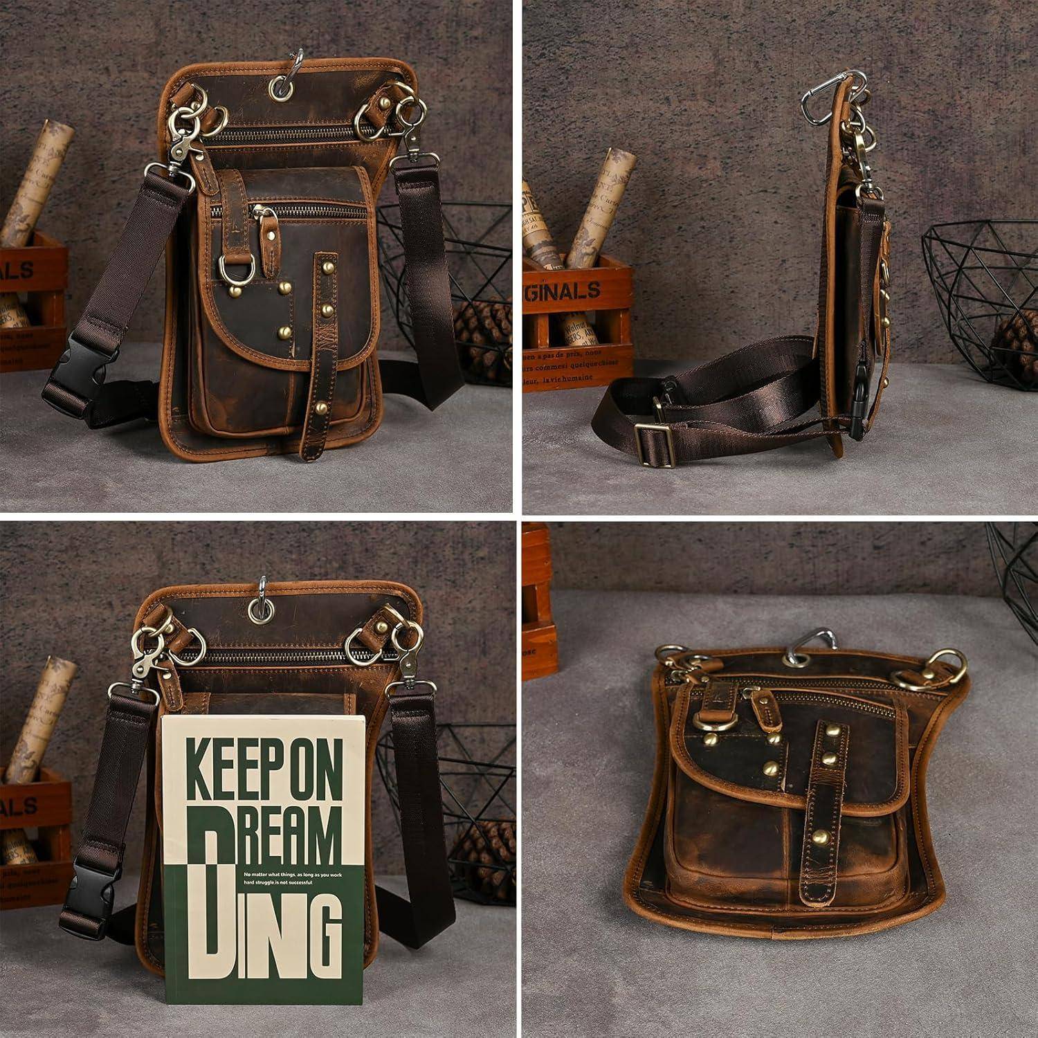 Collage aus einer Vintage-Stil braune Leder-Umhängetasche, von vorne, von der Seite und von oben gezeigt, mit einer "KEEP ON DREAMING""-Karte, die in einer Ansicht angezeigt wird.