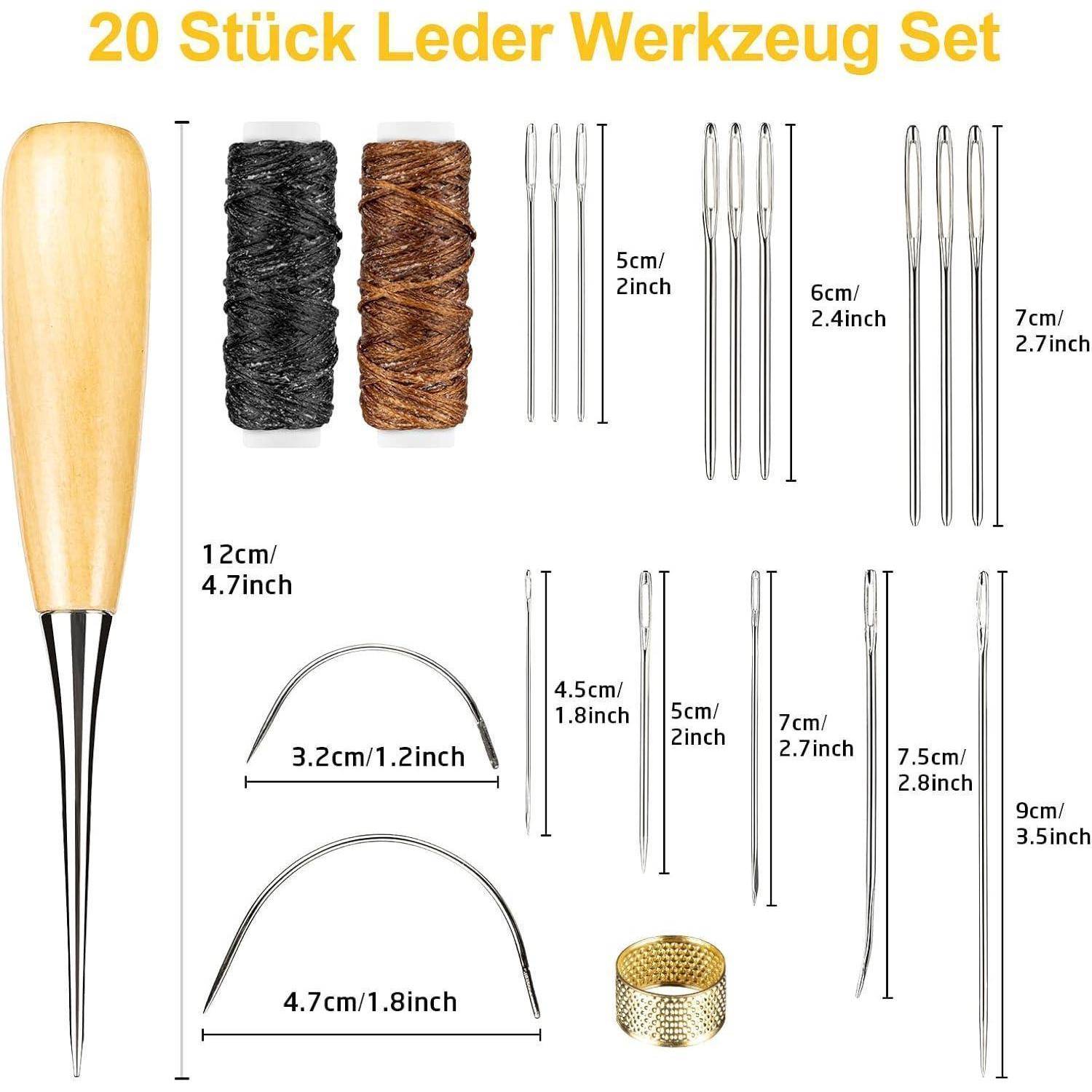 Illustration eines 20-teiligen Leder-Nähwerkzeugsatzes mit einer Holzpfrieme, Fadengspulen, Nadeln, gebogenen Nadeln und einem Fingerhut mit Größenangaben in cm und Zoll.