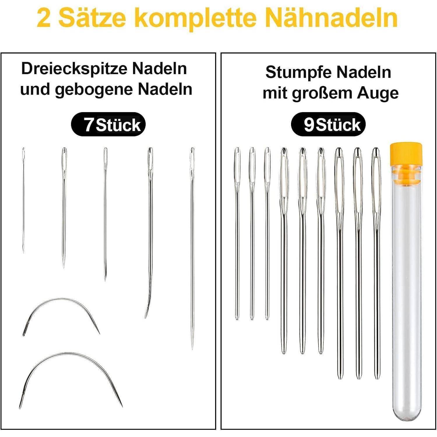 Vergleichsbild von zwei Nadelsätzen: 7 spitze und gekrümmte Nadeln sowie 9 stumpfe Nadeln mit großen Öhren in einem transparenten Etui.