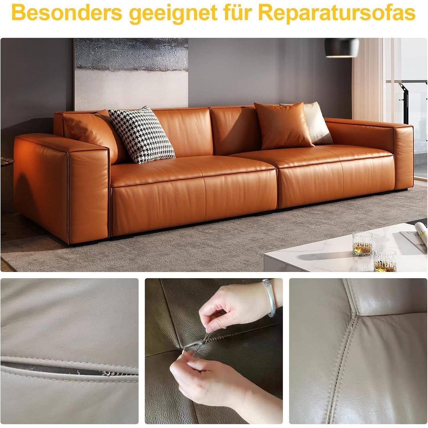 Braunes Ledersofa mit gerissener Naht, die gerade genäht wird, gezeigt als geeignet für Sofareparat; Nahaufnahmen in Insets vergleichen beschädigte und reparierte Polsterung.