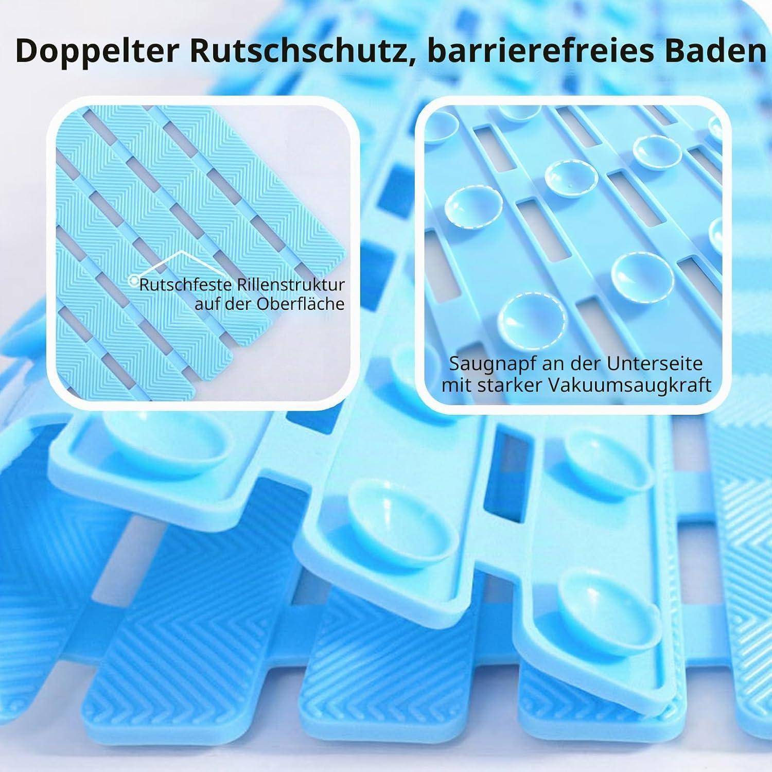 Grafik von blauen Badematten mit der Beschriftung „Doppelter Rutschschutz, barrierefreies Baden