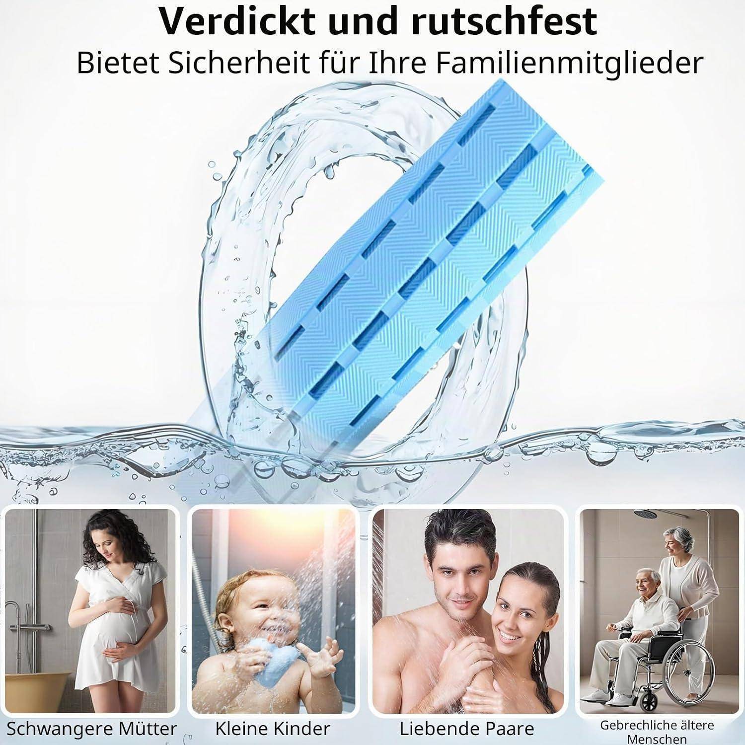 # Werbebildbeschreibung einer wasser­resistenten Familiensicherheitsprodukts mit deutschem Text „Verdickt und rutsch­fest