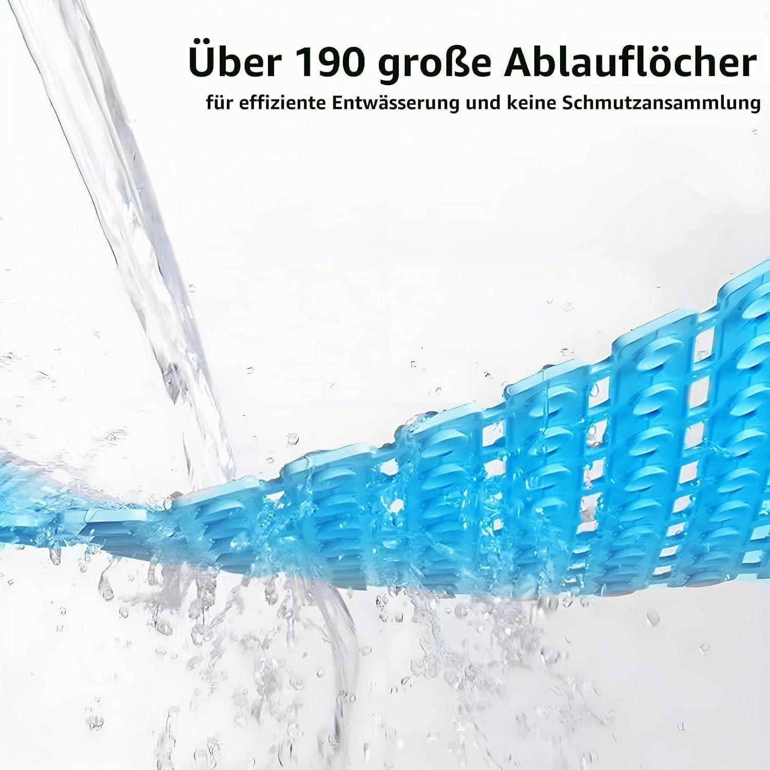 Blauwe durchlochte Matte unter fließendem Wasser, mit deutschem Text, der „Über 190 große Drainagelöcher