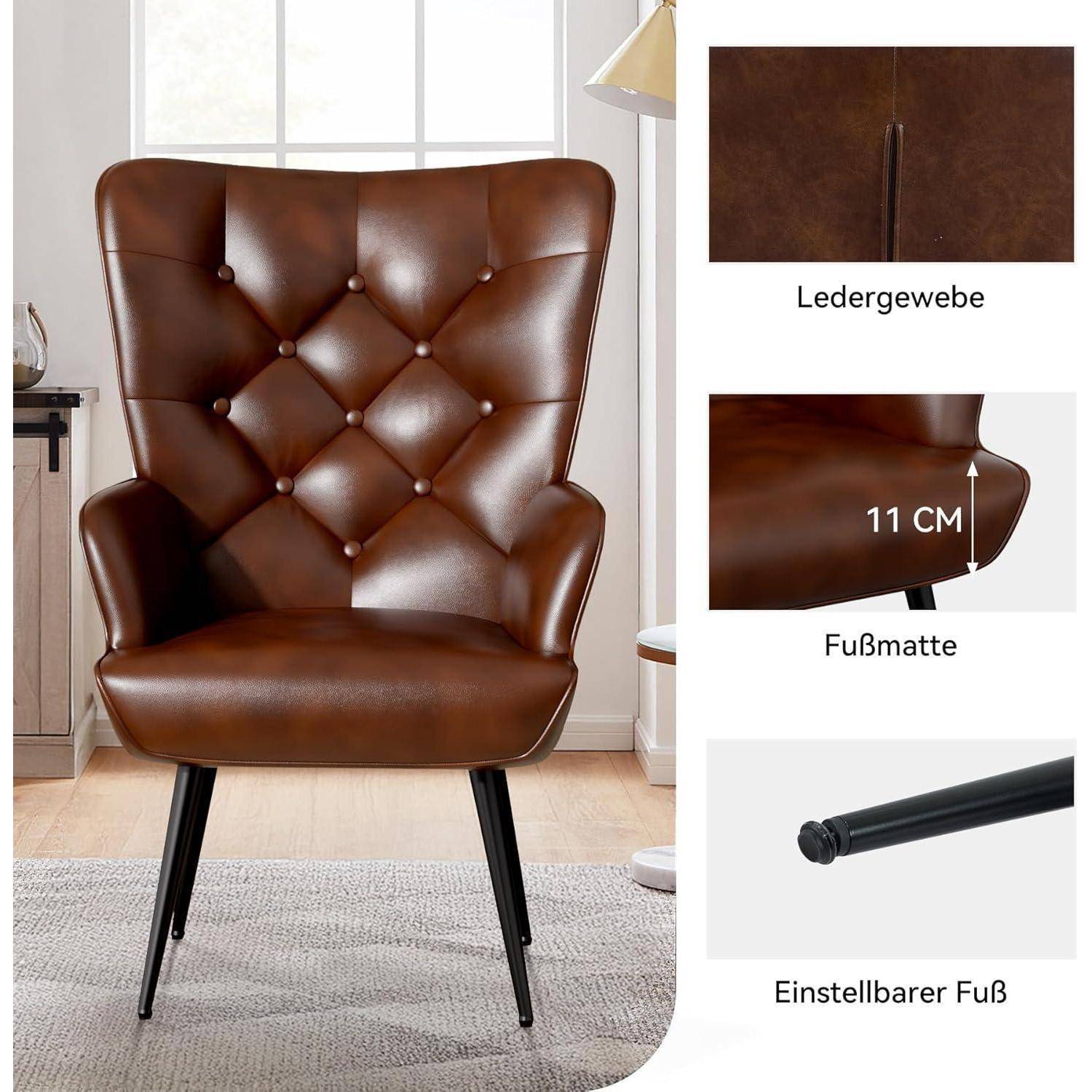 Brauner Polstersessel aus Leder mit Flügeln und schwarzen Beinen, gezeigt mit Nahaufnahmen, die die Ledertextur, 11 cm Fuß und verstellbare Füße hervorheben.