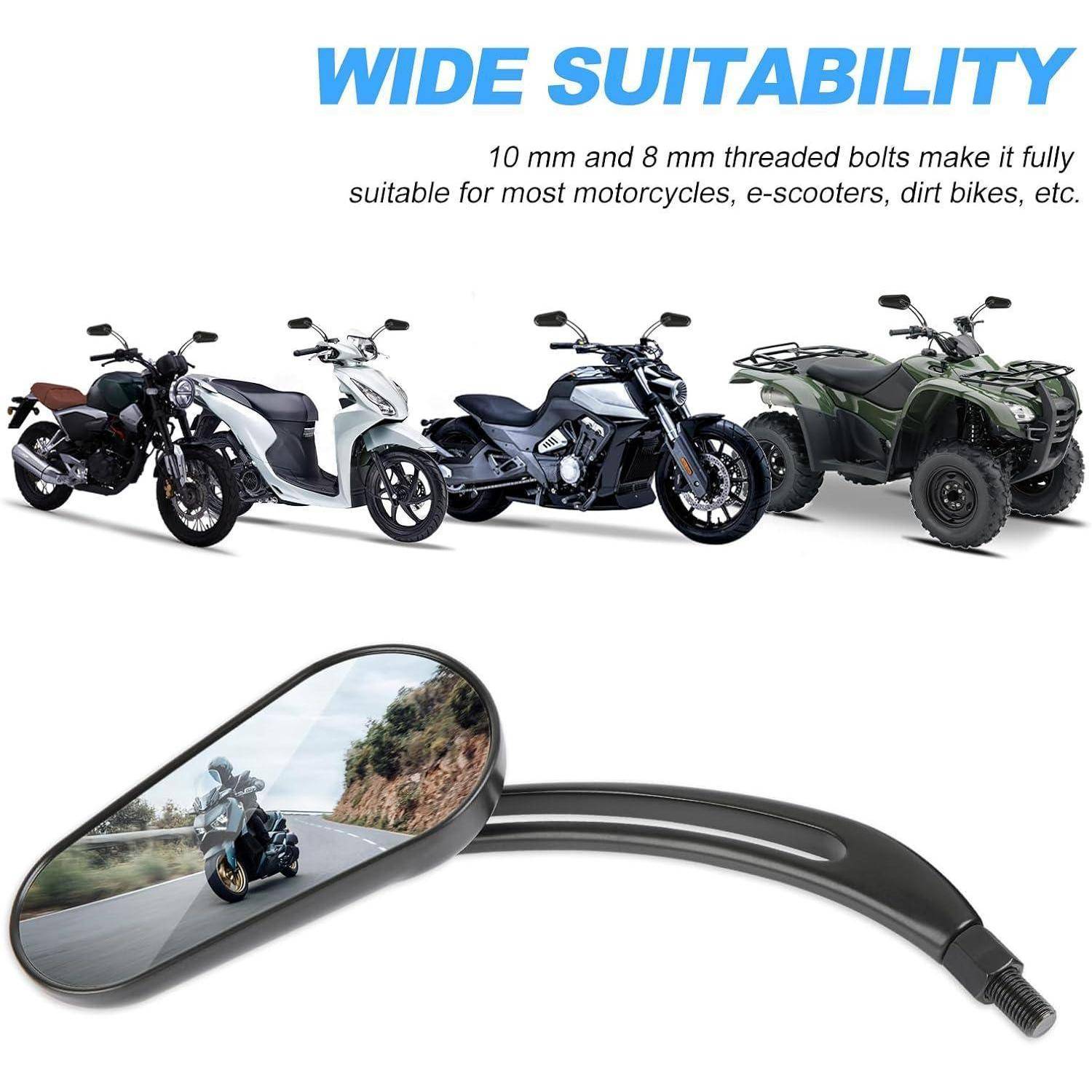 Motorrad-Spiegelproduktiebild, das eine breite Eignung für Motorräder, E-Scooter, Dirt Bikes und ATVs zeigt; mit Gewindebolzengrößen von 10 mm und 8 mm.