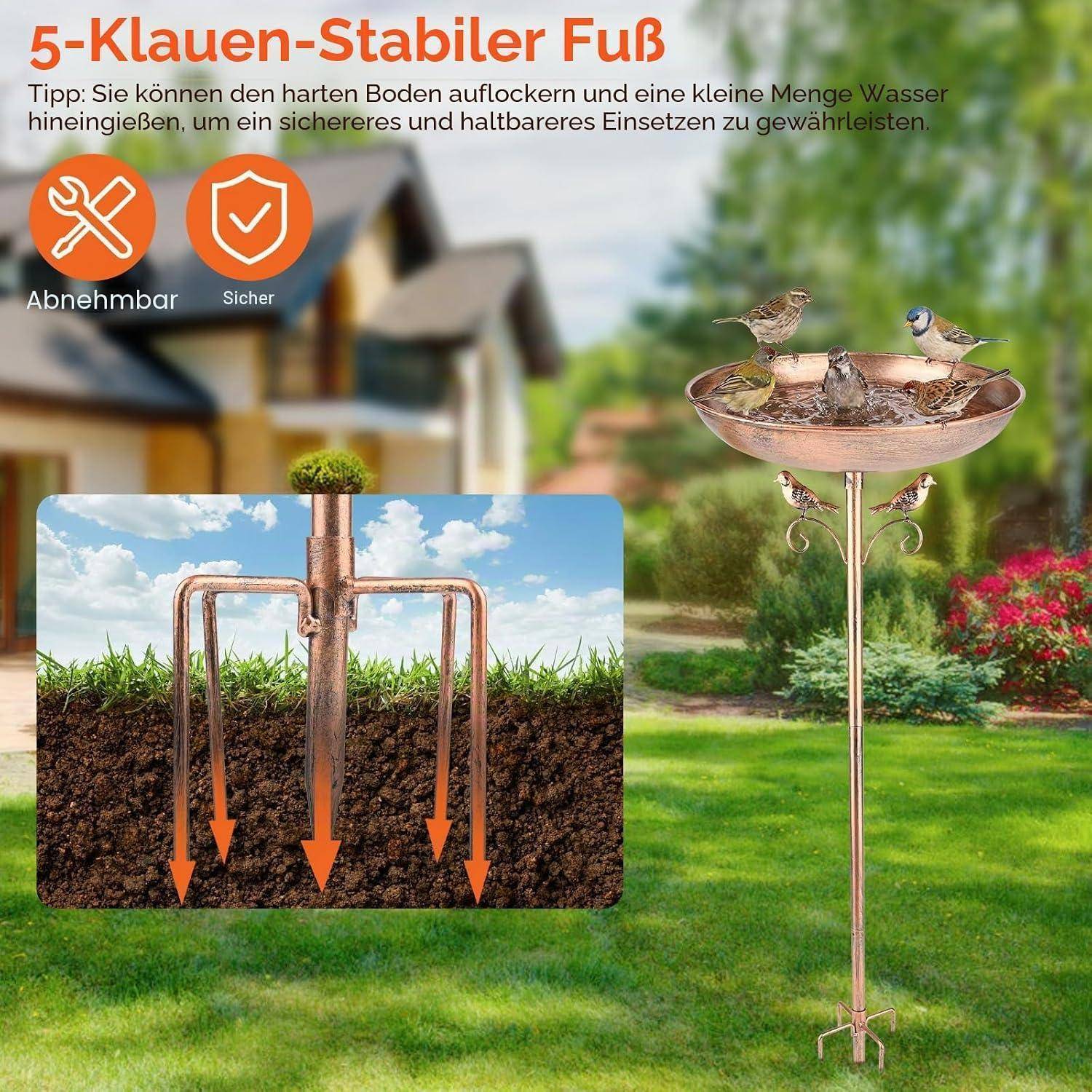 Vogeltränke auf einem fünffüßigen Erdspieß, dargestellt als abnehmbar und sicher, mit einer Detailzeichnung, die die Krallen im Boden verankert zeigt.