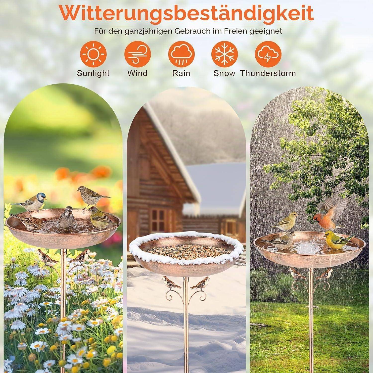 Witterungsbeständiger Vogelfutterhaus in Sonne, Wind, Regen, Schnee und Gewitter dargestellt, mit deutschem Titel „Witterungsbeständigkeit