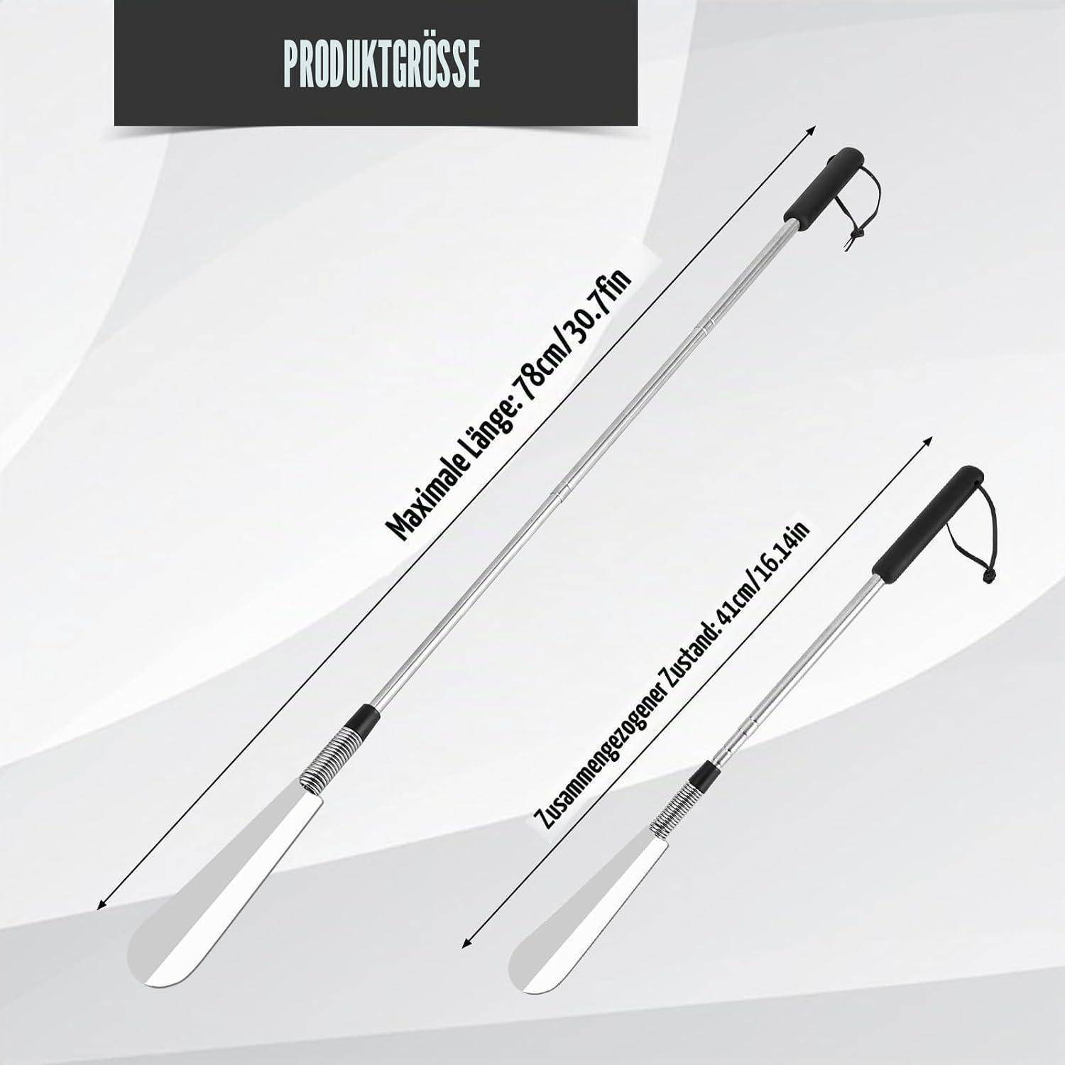 Produktgrößendiagramm zeigt einen ausziehbaren Metallschuhlöffel: maximale Länge 78 cm (30,7 Zoll) und zusammengefaltete Länge 41 cm (16,14 Zoll).
