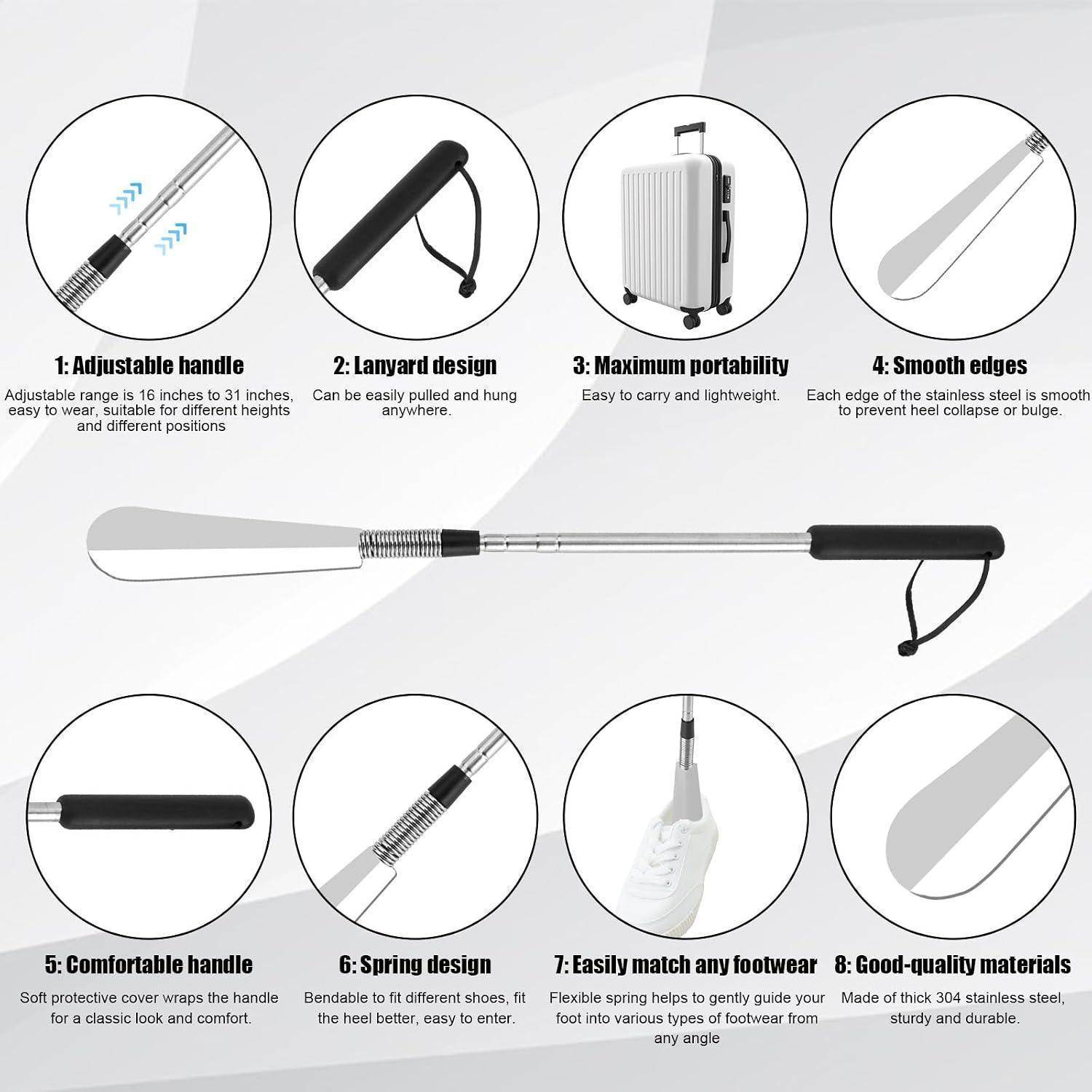 Infografik eines Schuhanziehers mit acht Merkmalen: verstellbarer Griff, Lanyard, Portabilität, glatte Kanten, ergonomischer Griff, Federdesign, einfache Abstimmung auf Fußbekleidung und hochwertige Edelstahl-Konstruktion.