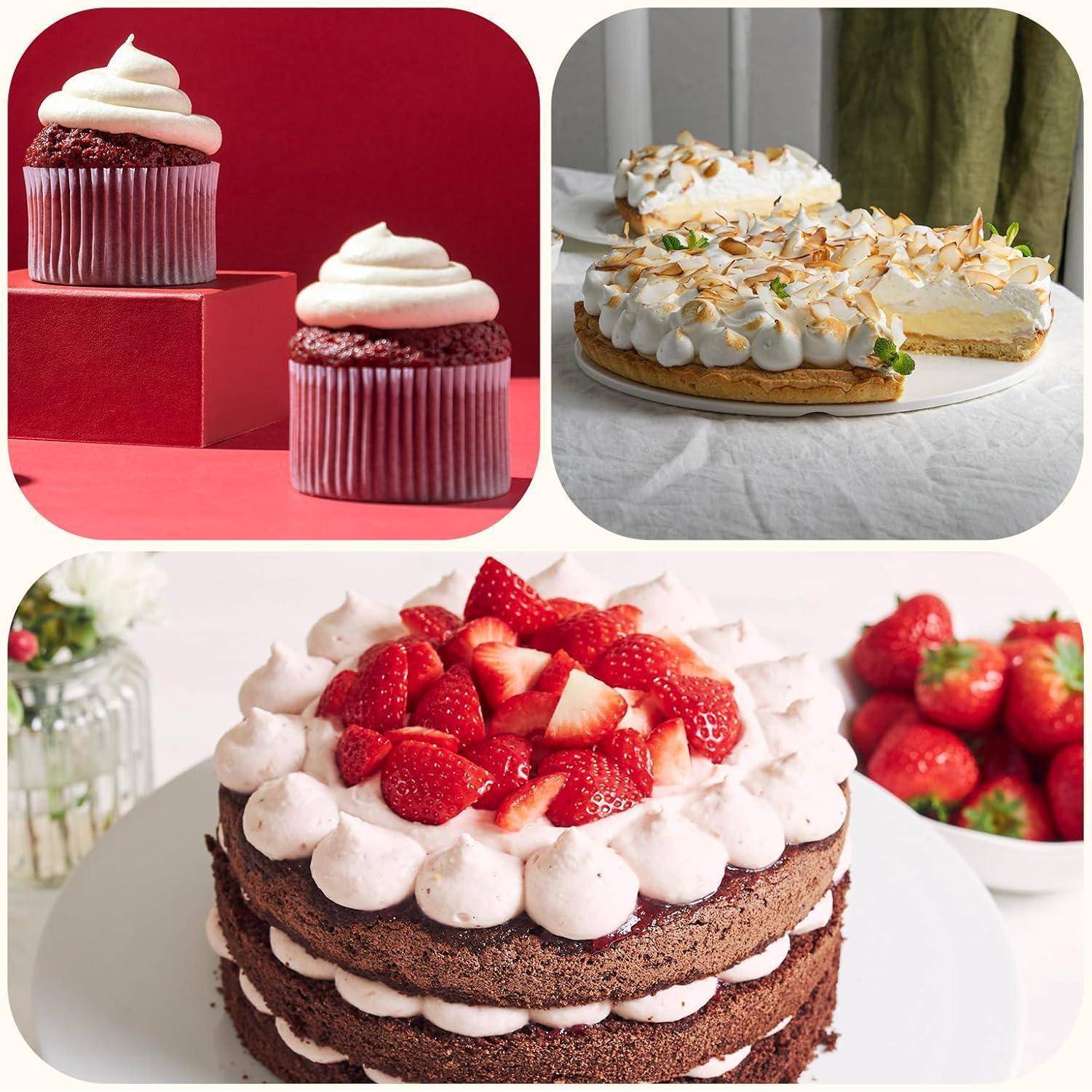 Drei Dessert-Fotos: zwei glasierte Cupcakes auf rotem Hintergrund, eine Tarte mit Baiserhaube auf einem Tisch und eine geschichtete Schokoladen-Erdbeer-Torte.