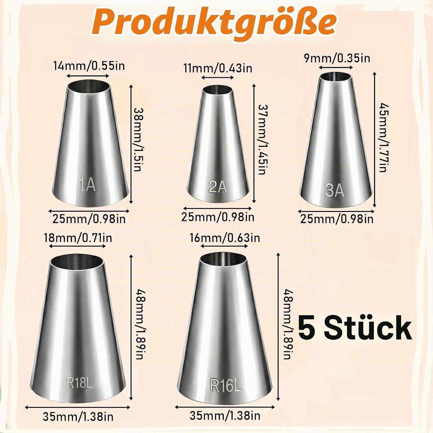 Produktgrößentabelle mit fünf metallischen Kegeladaptern mit den Bezeichnungen 1A, 2A, 3A, R18L und R16L mit Abmessungen in mm und Zoll; Text besagt „5 Stück