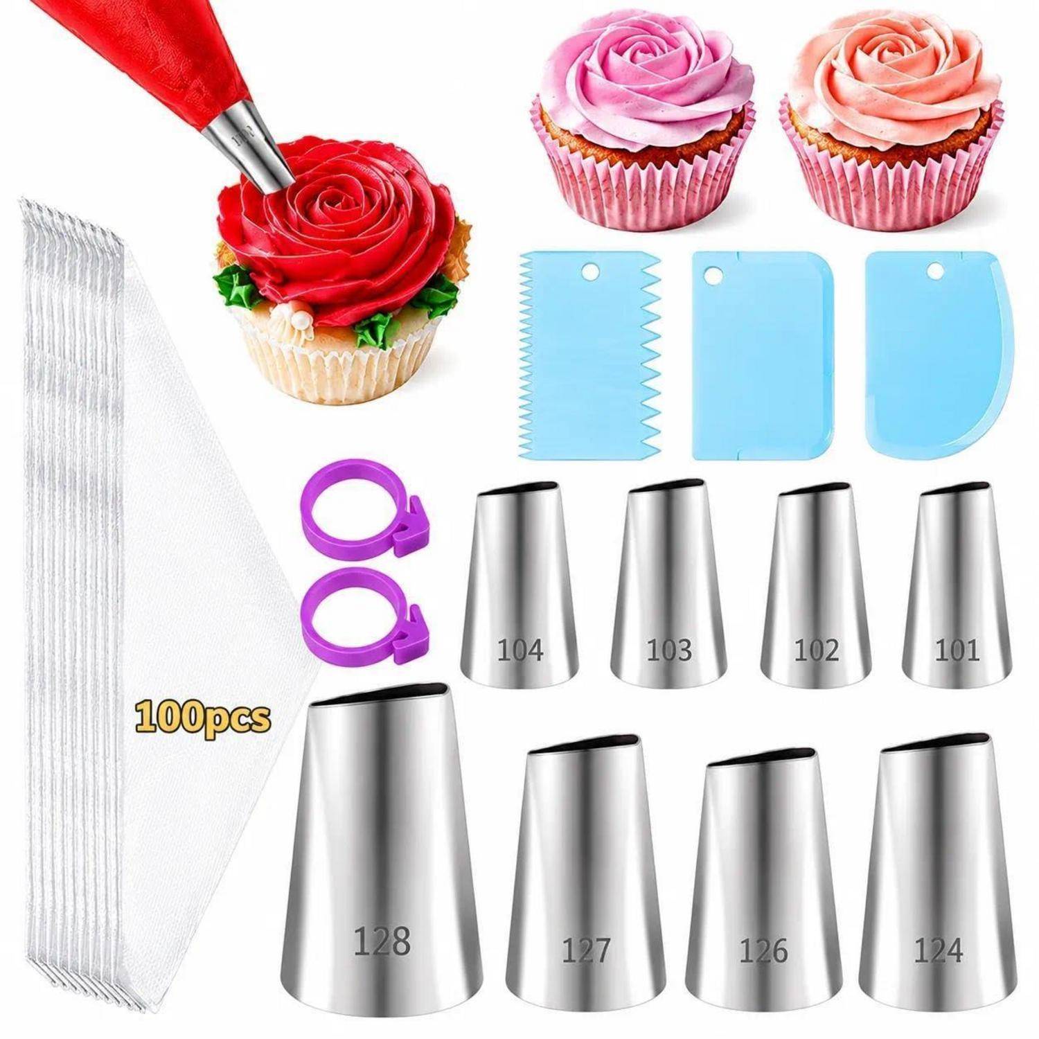 Kuchendekorations-Set mit Spritzbeuteln, Adaptern, Zuckerguss-Kämmen und Metallspitzen, gezeigt beim Dekorieren von rosenförmigen Cupcakes und mit der Aufschrift 