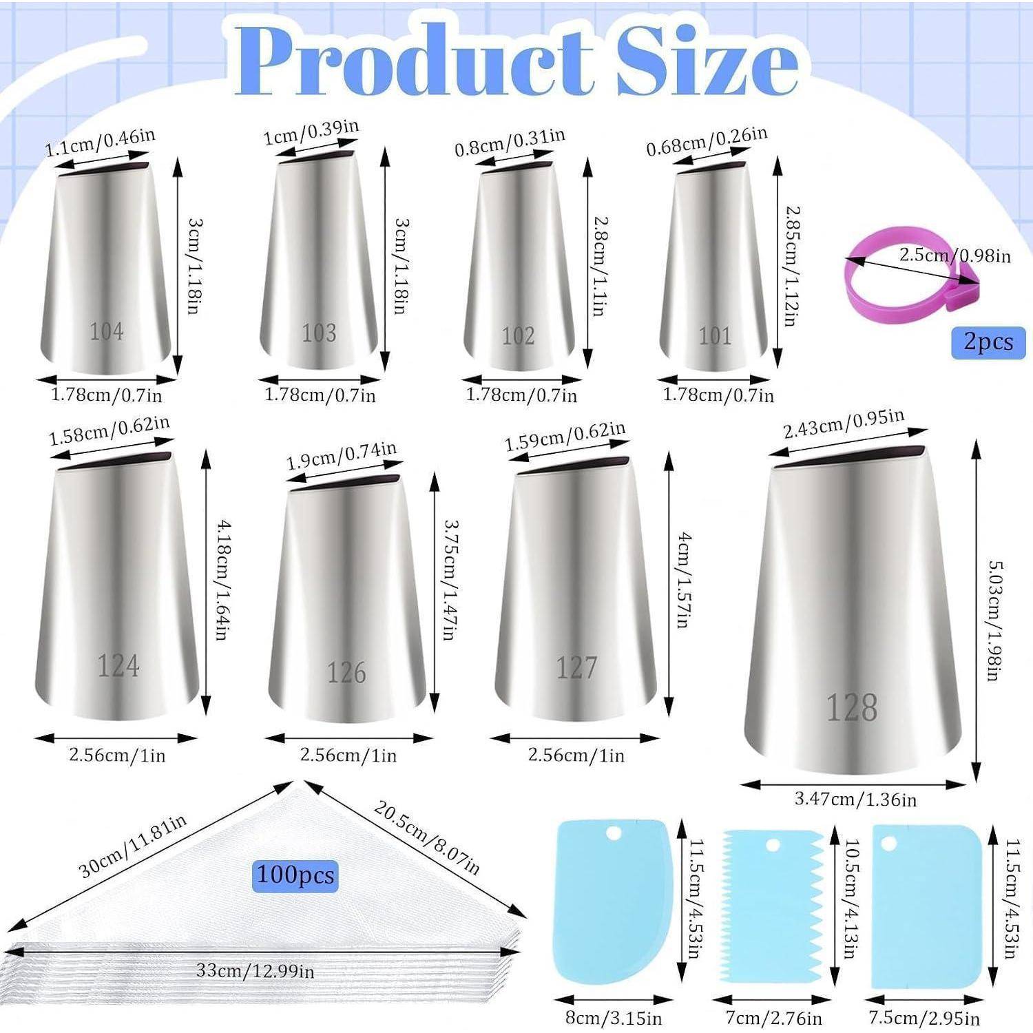 Größentabelle für Produkte, die kegelförmige nummerierte Becher in verschiedenen Größen mit Abmessungen in cm/Zoll zeigt, sowie einen 25 cm rosa Ring, 100 Papierfilter und blaue rechteckige Etiketten.