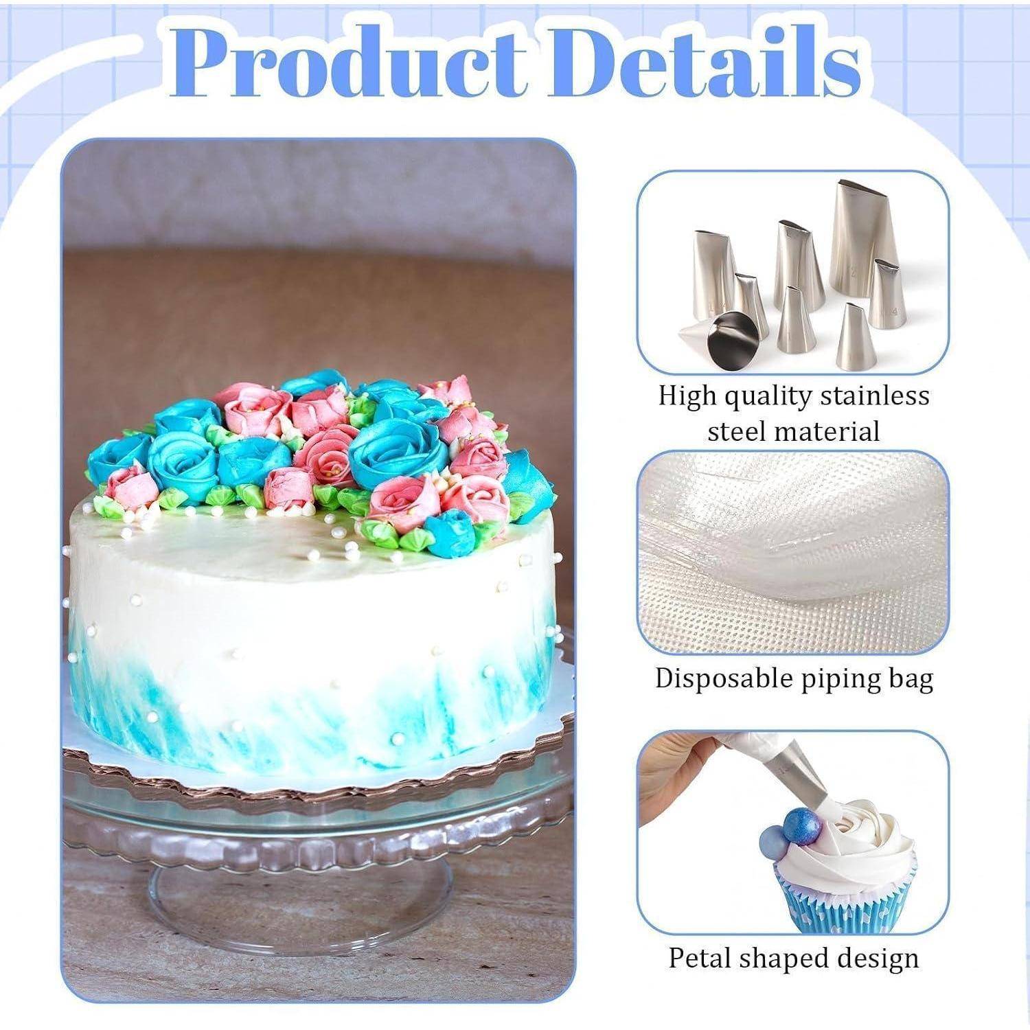 Produktdetail-Bild mit einer mattiertem Kuchen, der mit farbenfrohen gespitzten Blumen verziert ist, sowie Edelstahl-Spritztüllen, einem Einweg-Spritzbeutel und einem Beispiel für ein blütenförmiges Design.