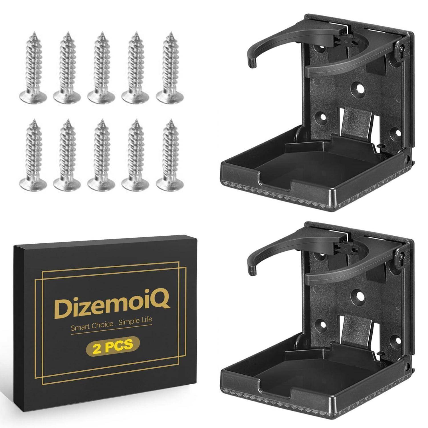 Zwei schwarze wandmontierte Gerätehalter, 10 Schrauben und eine DizemoiQ 2-teilige Produktbox auf weißem Hintergrund.
