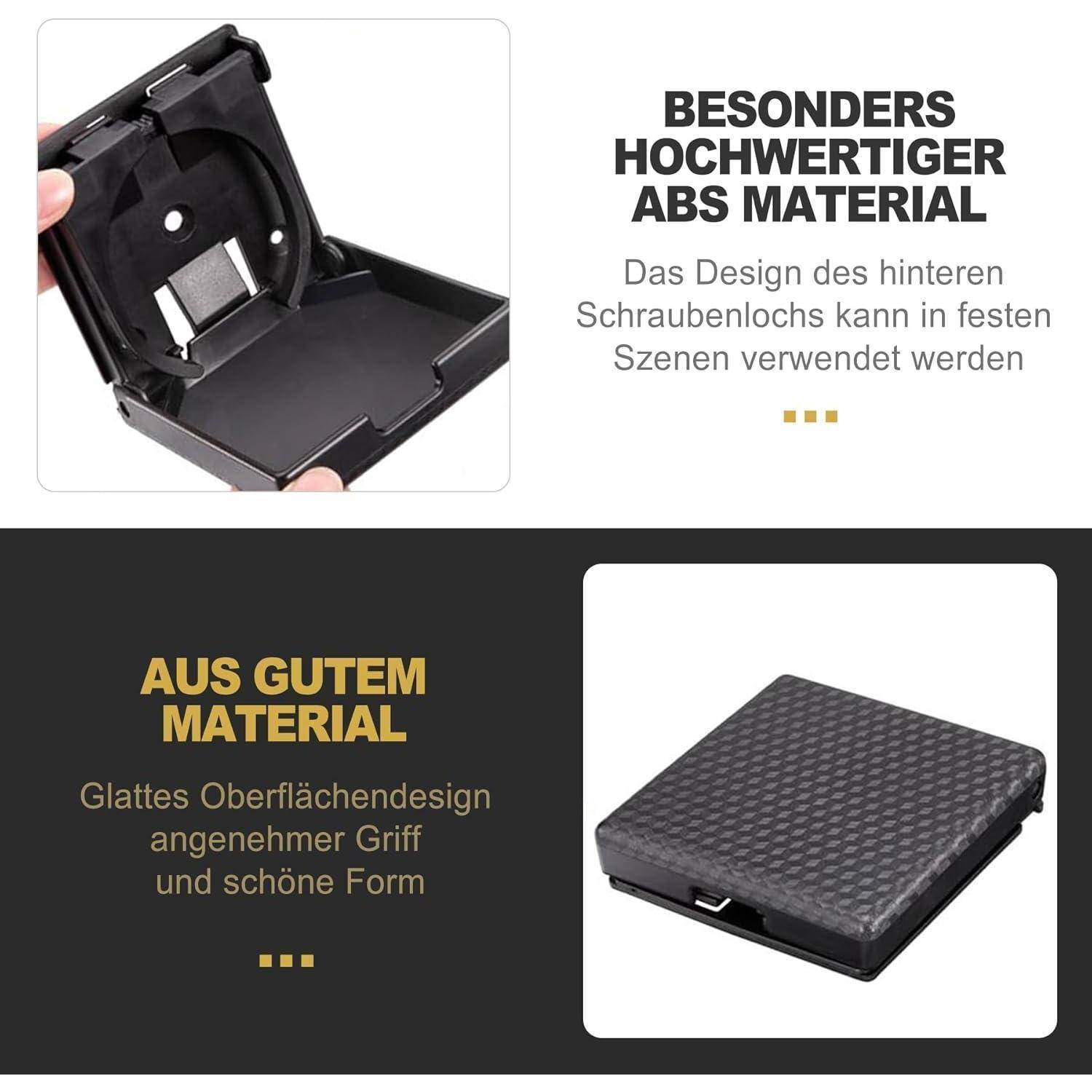 Produktbild zeigt einen schwarzen Klappenkoffer aus ABS-Kunststoff mit strukturiertem Deckel; deutscher Text hebt „hochwertige ABS-Material