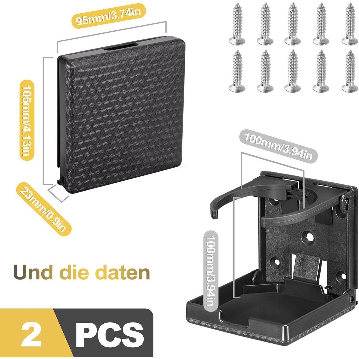 Produktbild mit zwei schwarzen Wandmontageklammern, eine zusammengeklappt und eine offen, mit beschrifteten Abmessungen und acht mitgelieferten Schrauben.