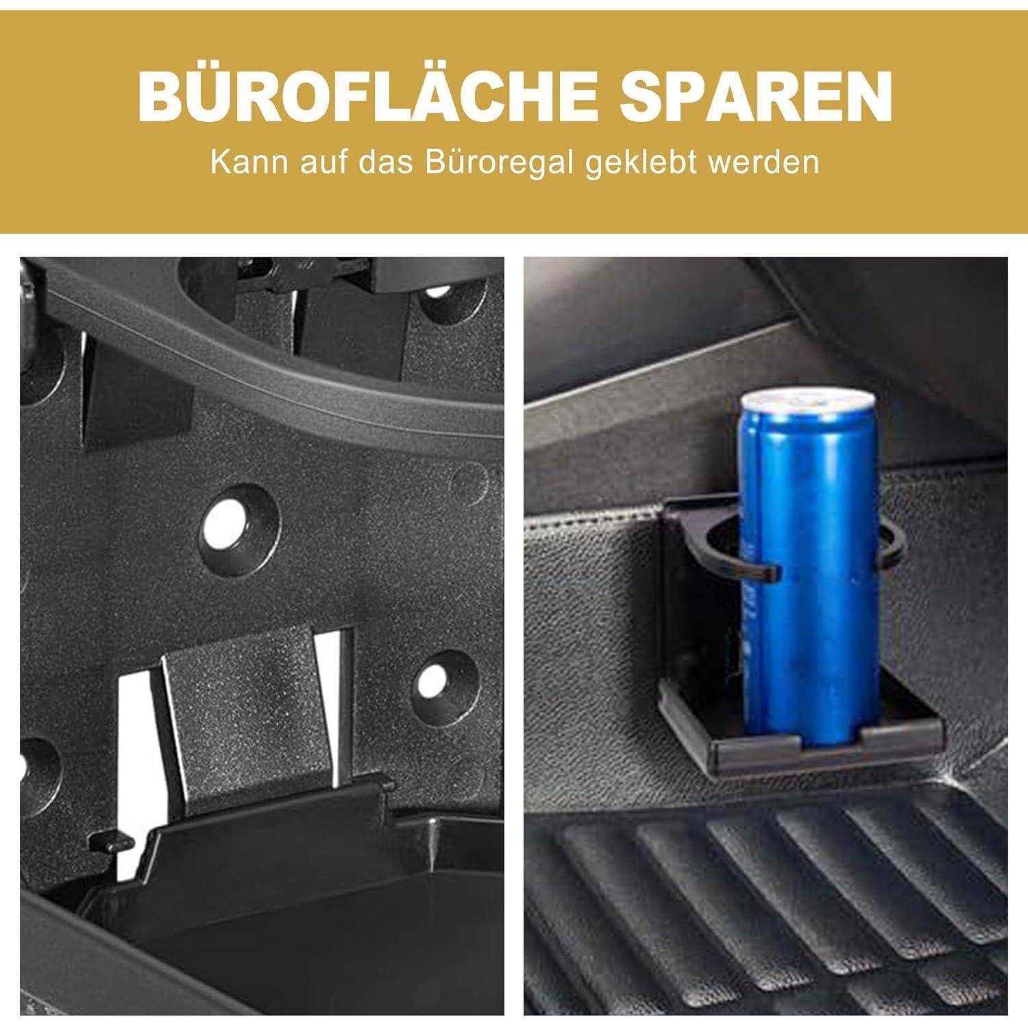 Werbebild, das einen kompakten Schreibtisch-Becherhalter zeigt, der unter einem Schreibtisch befestigt ist und Arbeitsfläche spart; der Text besagt „BÜROFLÄCHE SPAREN