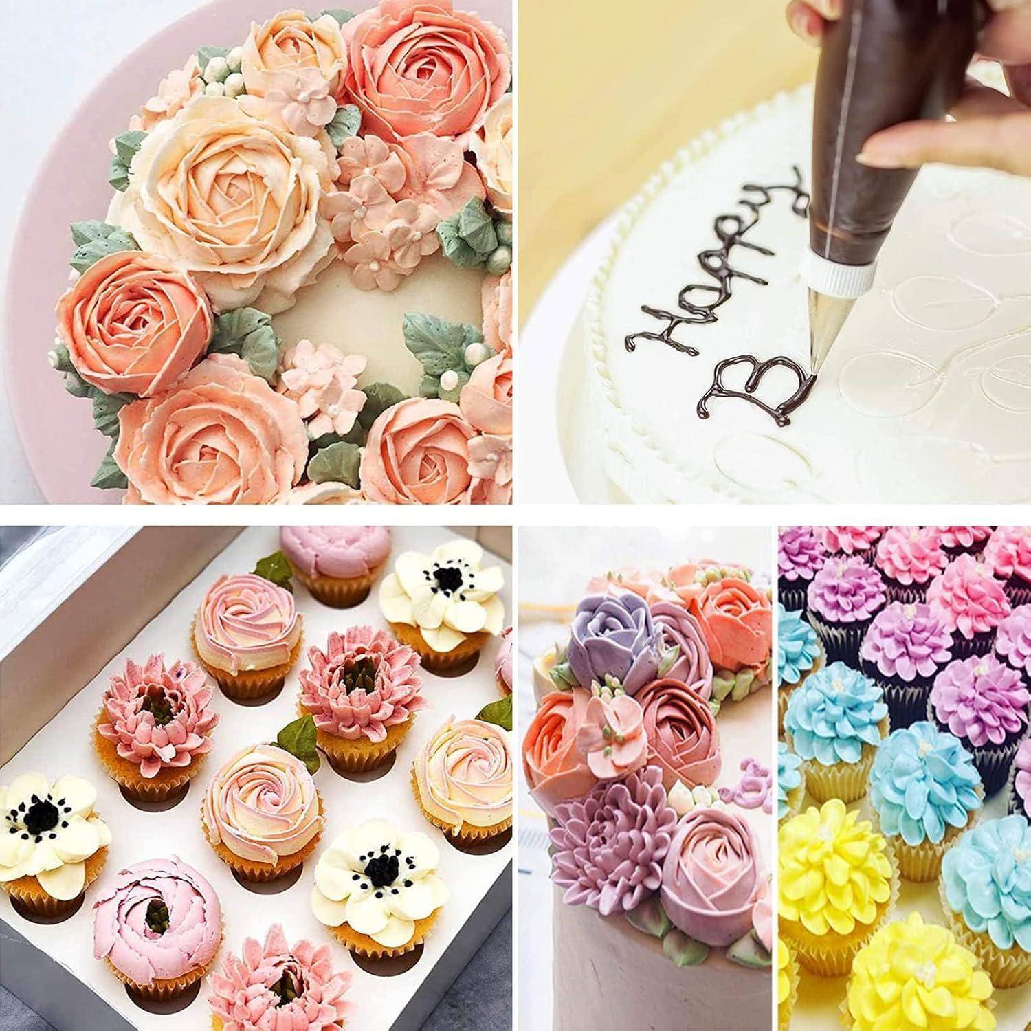 Collage aus dekorierten Kuchen und Cupcakes mit Pastellblüten-Glasur, einschließlich eines Spritzbeutels, der das Wort „Braut